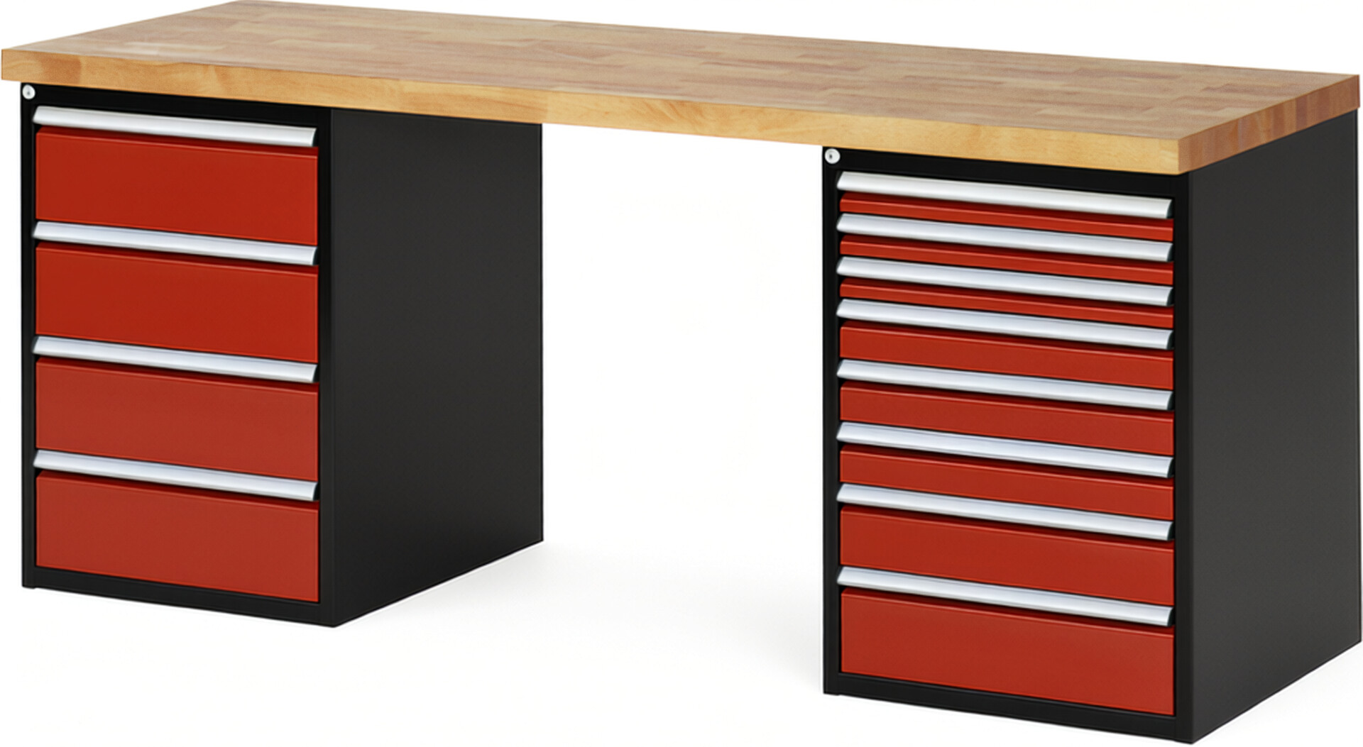 RAU Werkbank schwarz - rot - Breite 200 cm - Tiefe 70 cm - Höhe 89 cm - Buche-Massiv Arbeitsplatte 40 mm