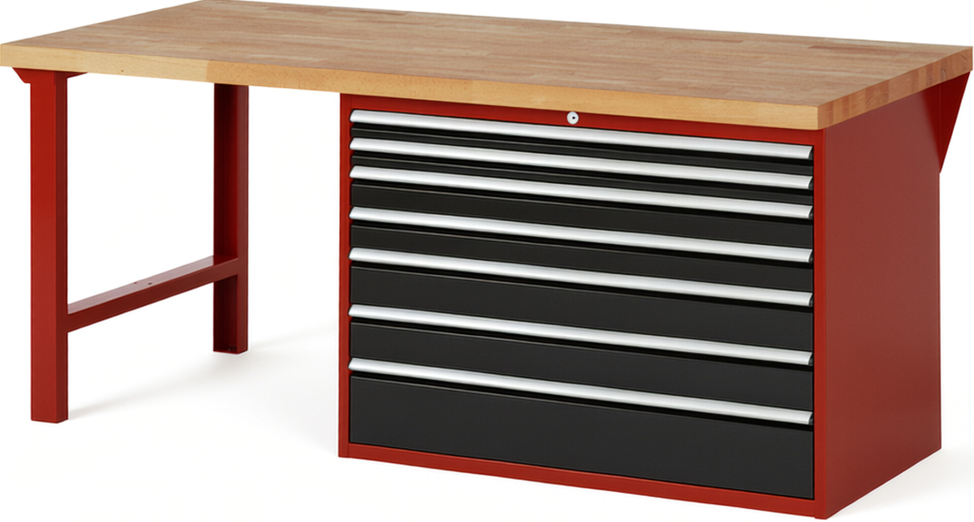 Werkbank Modell 7717 rot - schwarz, BxTxH 2000x900x890 mm,  Buche-Massiv Arbeitsplatte 40 mm,  7 Schubladen mit  Auszug 90 %