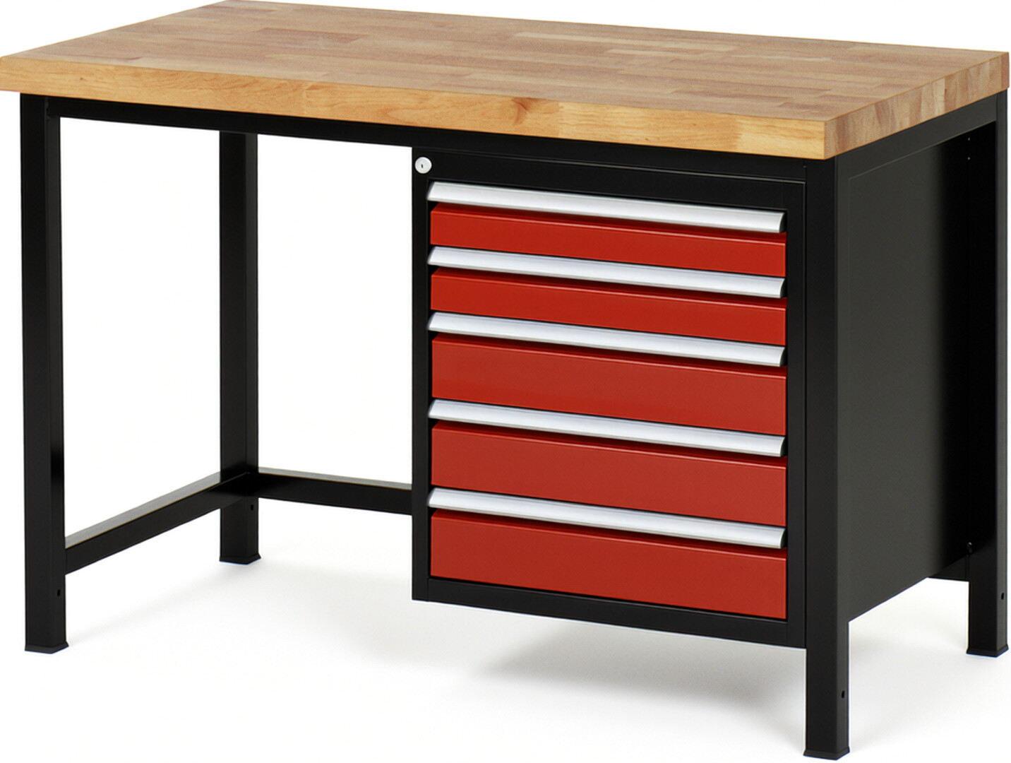 RAU Werkbank schwarz - rot - Breite 125 cm - Tiefe 70 cm - Höhe 104 cm - Buche-Massiv Arbeitsplatte 40 mm