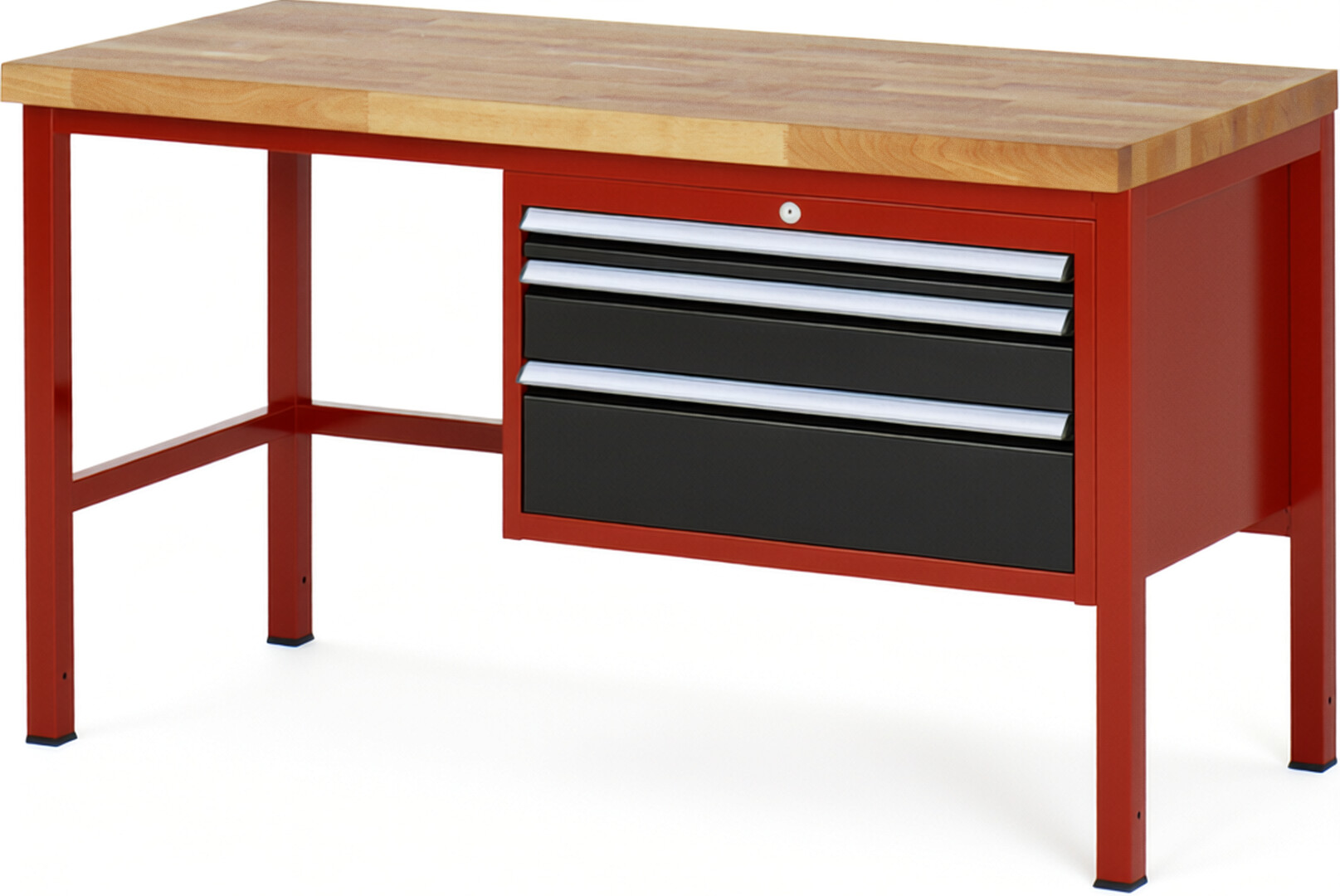 Werkbank Modell 8226 rot - schwarz, BxTxH 1500x700x840 mm,  Buche-Massiv Arbeitsplatte 40 mm,  3 Schubladen mit  Vollauszug 100 % und  SoftClosing