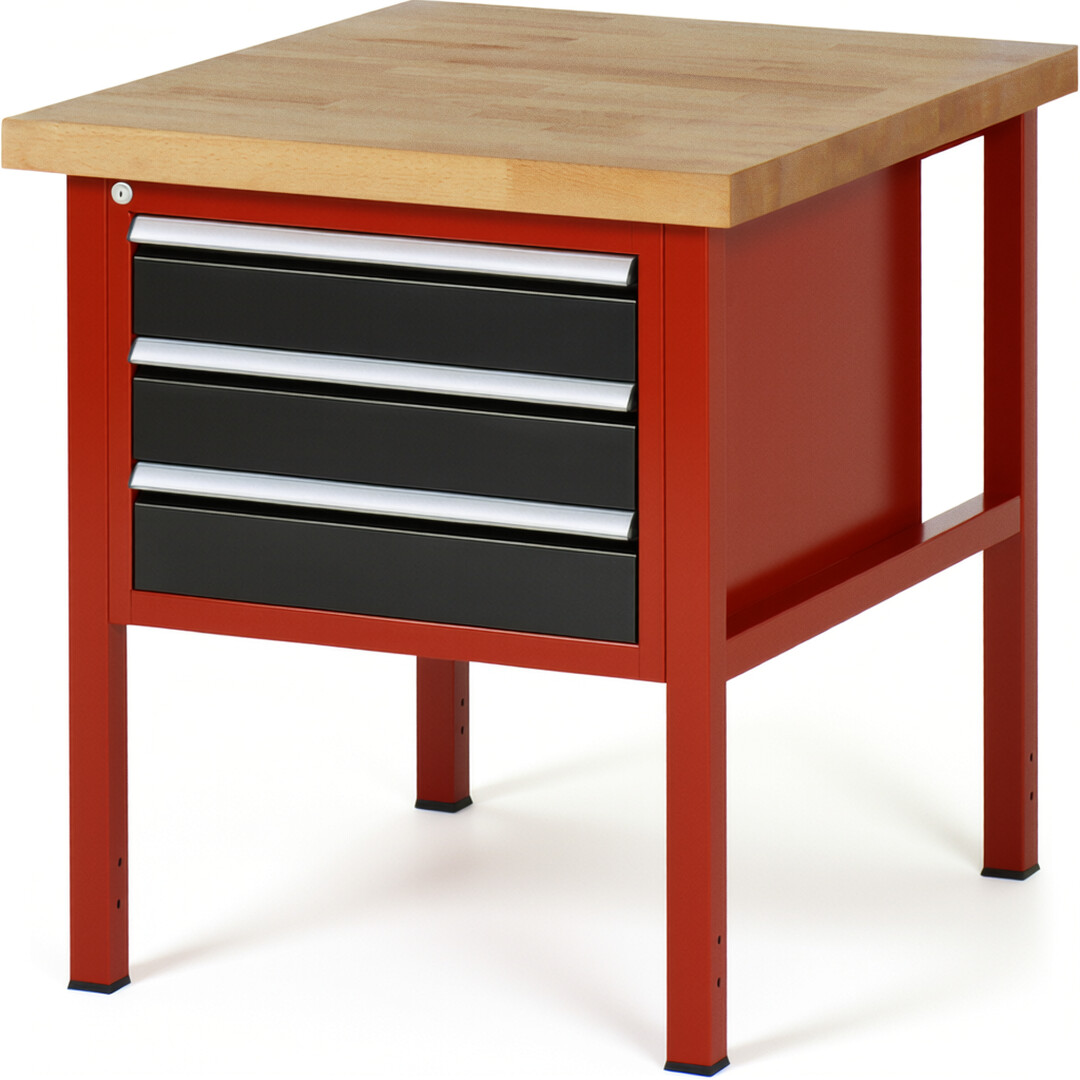 Werkbank Modell 8127 rot - schwarz, BxTxH 750x900x840-1040 mm,  Buche-Massiv Arbeitsplatte 40 mm,  3 Schubladen mit  Auszug 90 %