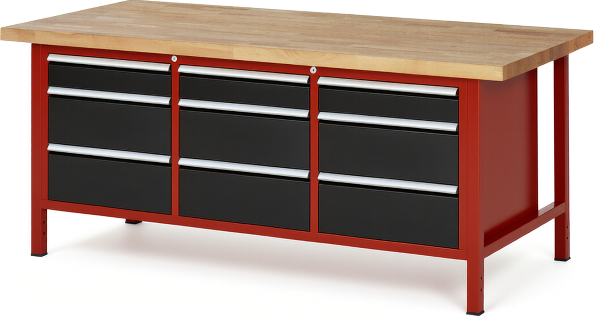 Werkbank Modell 8573 rot - schwarz, BxTxH 2000x900x840-1040 mm,  Buche-Massiv Arbeitsplatte 40 mm,  9 Schubladen mit  Vollauszug 100 % und  SoftClosing