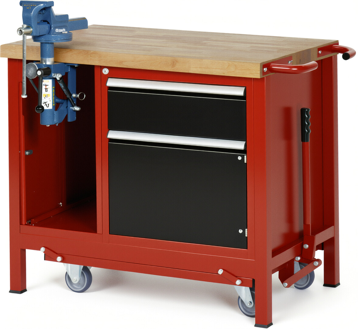 Absenkbare Werkbank Modell 8181 rot - schwarz, BxTxH 1000x700x880 mm,  Buche-Massiv Arbeitsplatte 40 mm,  1 Schublade mit  Auszug 90 %