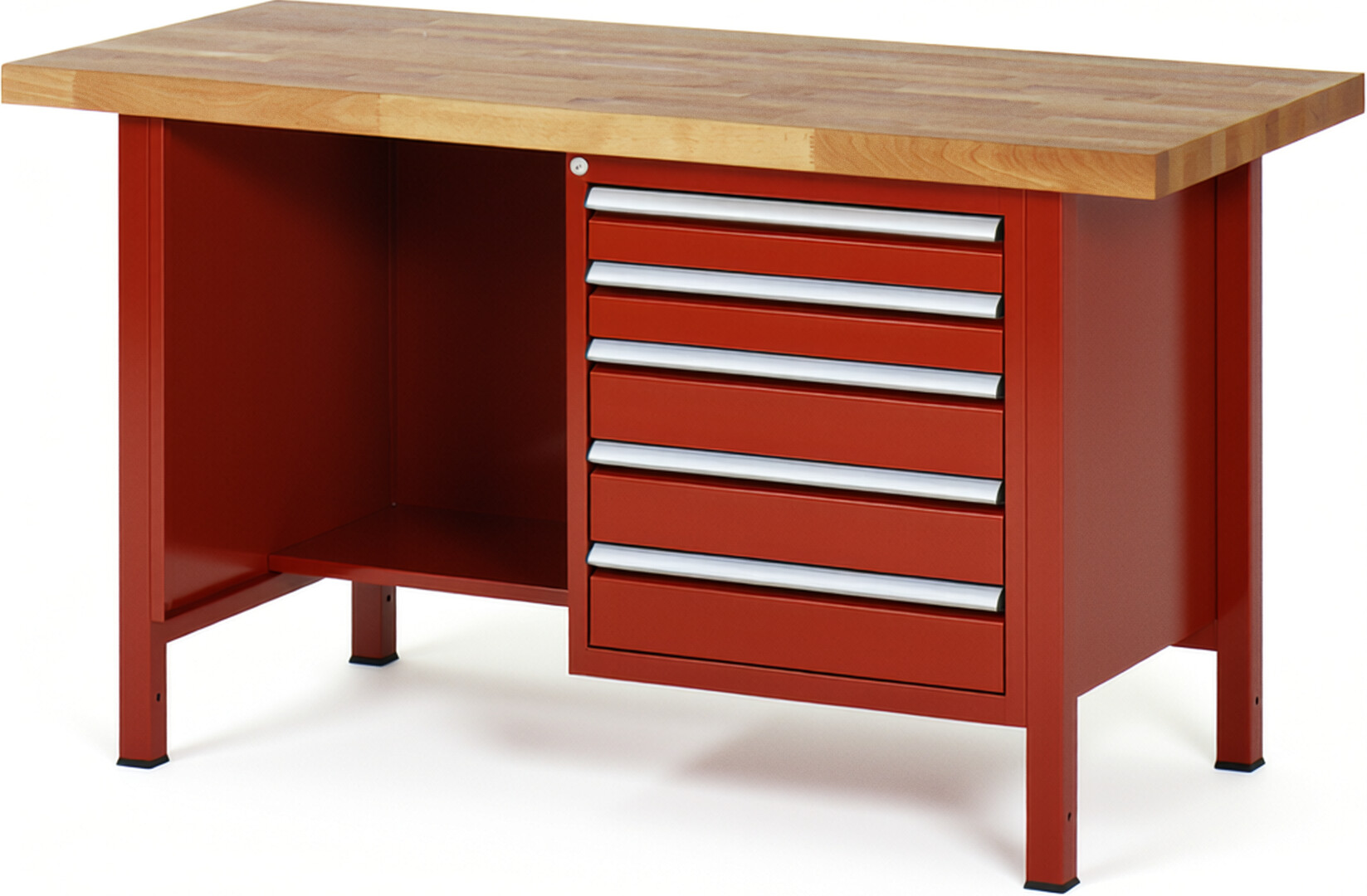 Werkbank Modell 8454 rot, BxTxH 1500x700x840-1040 mm,  Buche-Massiv Arbeitsplatte 40 mm,  5 Schubladen mit  Auszug 90 %