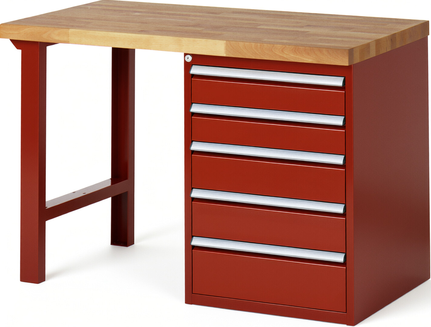 Werkbank Modell 7513 rot, BxTxH 1250x700x840 mm,  Buche-Massiv Arbeitsplatte 40 mm,  5 Schubladen mit  Vollauszug 100 % und  SoftClosing