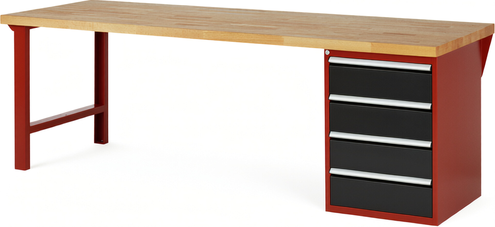 Werkbank Modell 7509 rot - schwarz, BxTxH 2500x900x890 mm,  Buche-Massiv Arbeitsplatte 40 mm,  4 Schubladen mit  Vollauszug 100 % und  SoftClosing