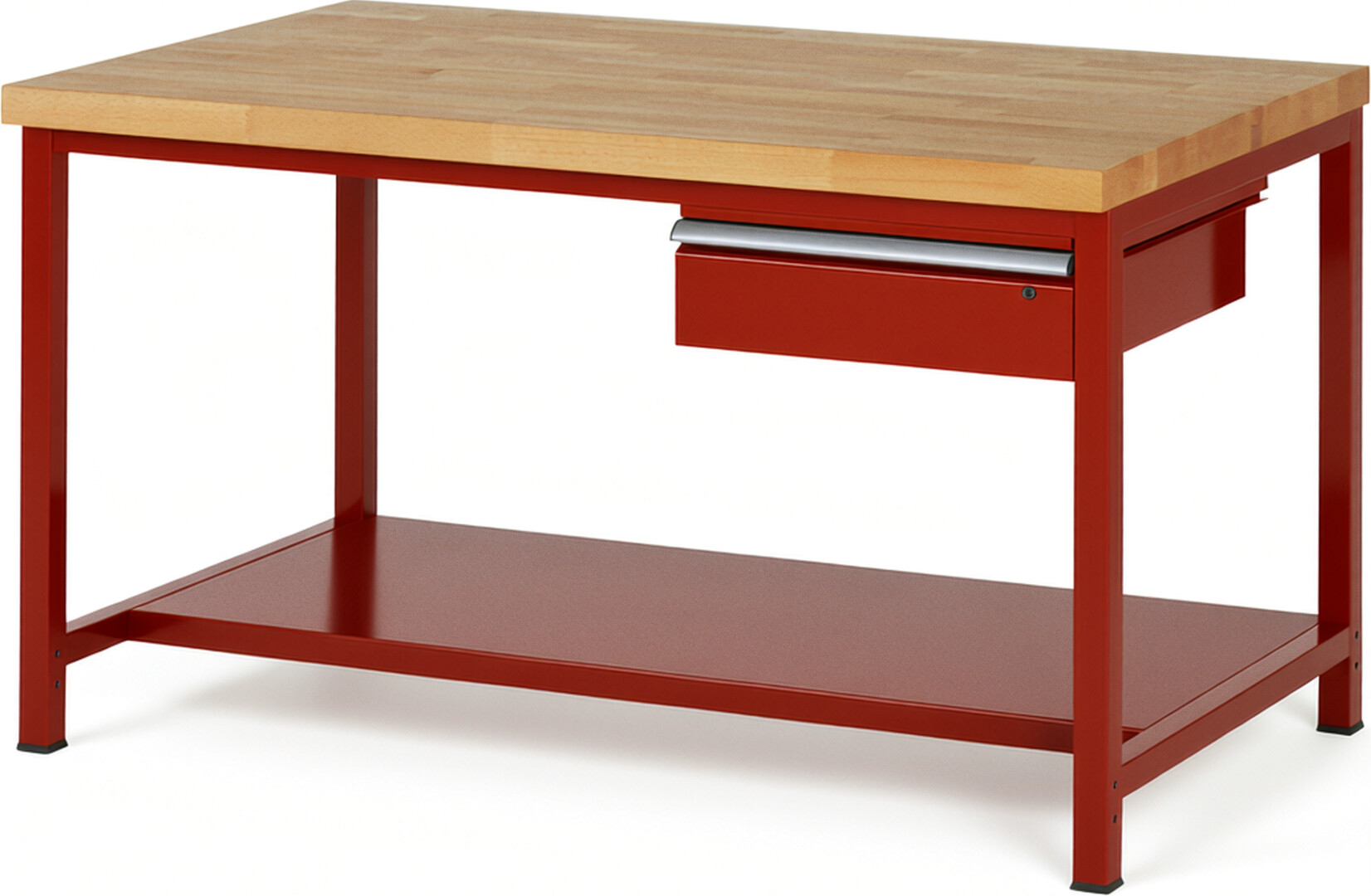 Werkbank Modell 8001 rot, BxTxH 1500x900x840-1040 mm,  Buche-Massiv Arbeitsplatte 40 mm,  1 Schublade mit  Auszug 90 %