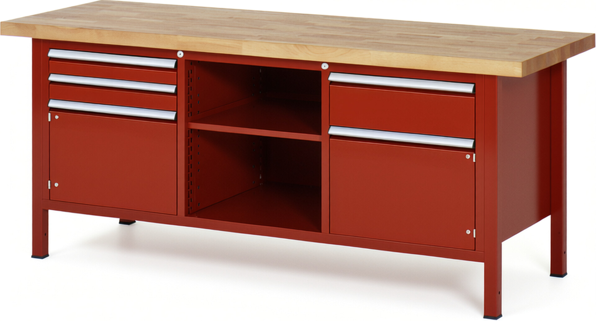 Werkbank Modell 8562 rot, BxTxH 2000x700x840 mm,  Buche-Massiv Arbeitsplatte 40 mm,  3 Schubladen mit  Vollauszug 100 % und  SoftClosing