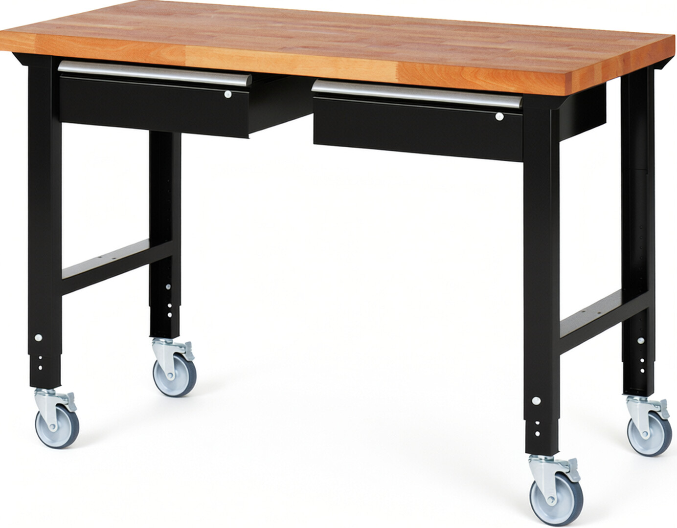 Fahrbare Werkbank Modell 7002 schwarz, BxTxH 1500x700x950-1000 mm,  Buche-Massiv Arbeitsplatte 40 mm,  2 Schubladen mit  Auszug 90 %