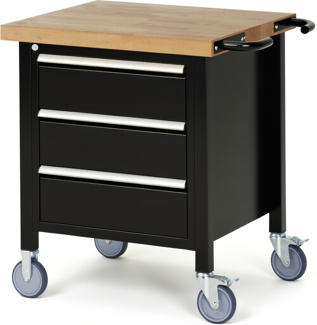 Fahrbare Werkbank Modell 8157 schwarz, BxTxH 750x700x880 mm,  Buche-Massiv Arbeitsplatte 40 mm,  3 Schubladen mit  Vollauszug 100 % und  SoftClosing