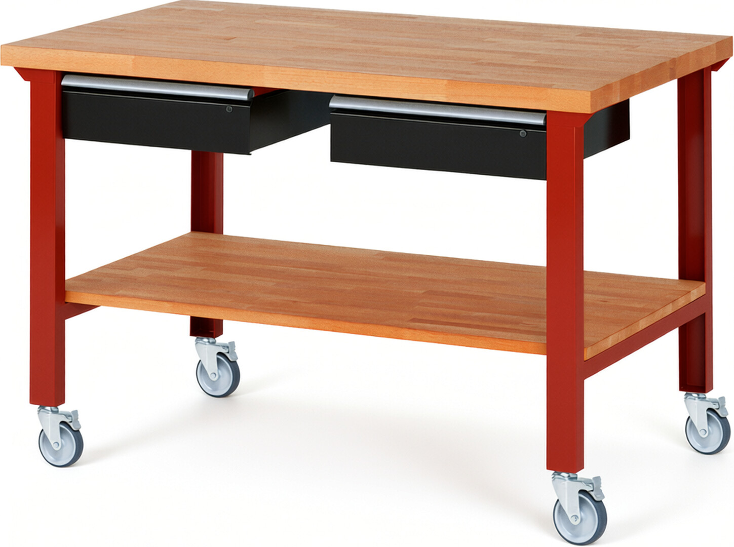 Fahrbare Werkbank Modell 7002 rot - schwarz, BxTxH 1500x900x1000 mm,  Buche-Massiv Arbeitsplatte 40 mm,  2 Schubladen mit  Auszug 90 %