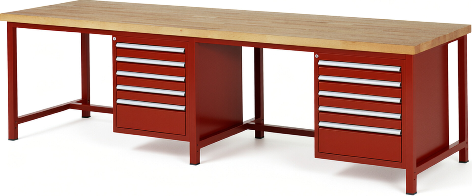 Werkbank Modell 8168 rot, BxTxH 3000x900x840-1040 mm,  Buche-Massiv Arbeitsplatte 40 mm,  10 Schubladen mit  Vollauszug 100 % und  SoftClosing