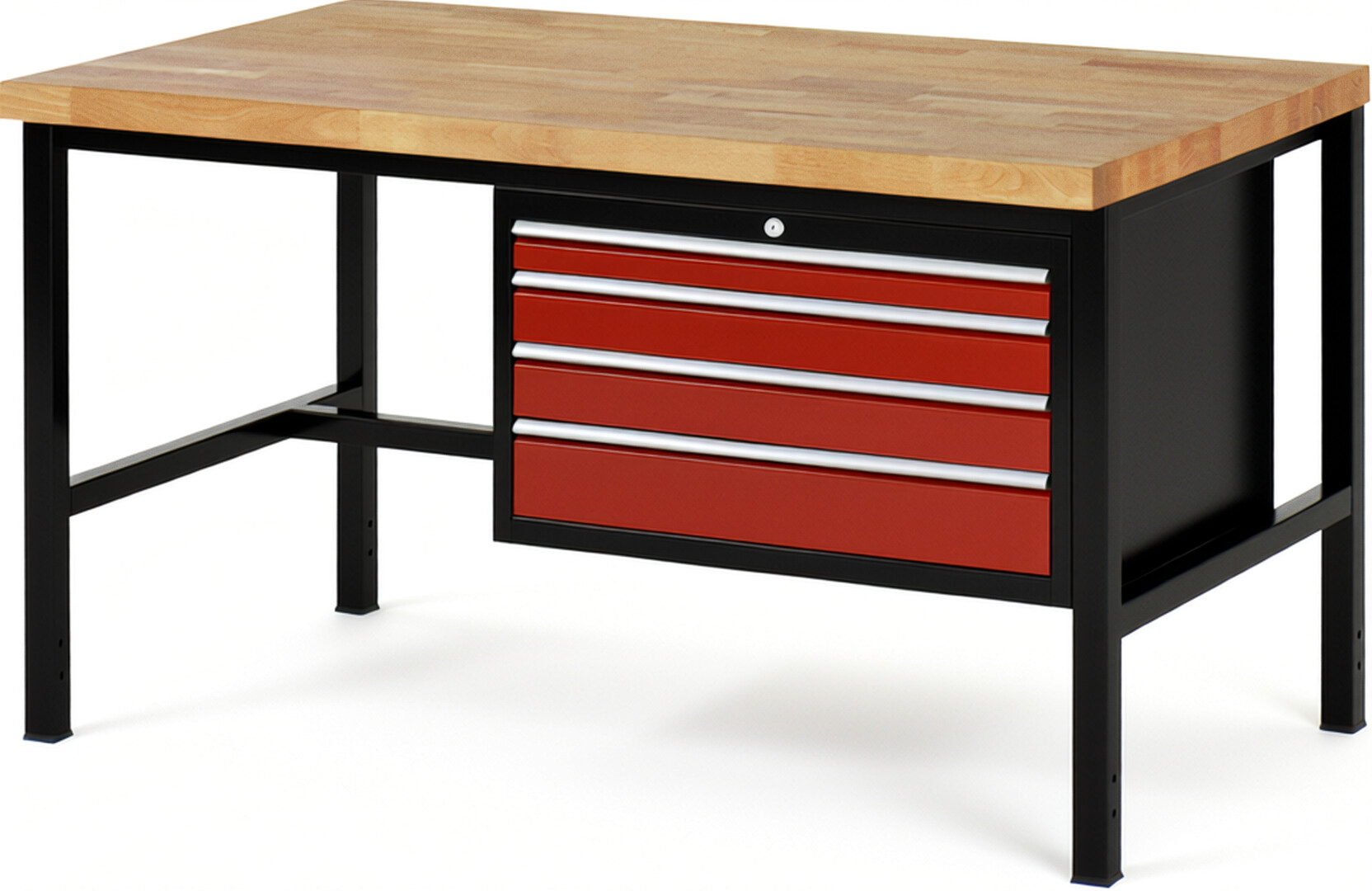 RAU Werkbank schwarz - rot - Breite 150 cm - Tiefe 90 cm - Höhe 104 cm - Buche-Massiv Arbeitsplatte 40 mm
