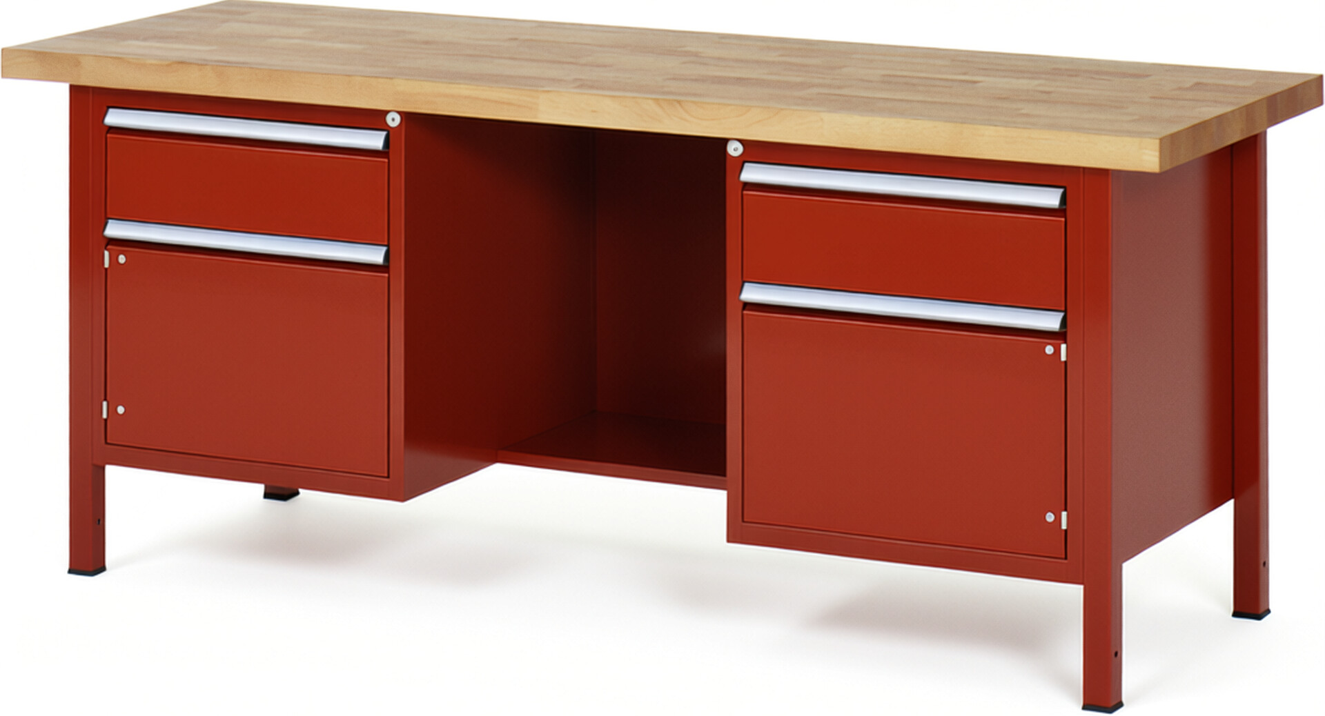 Werkbank Modell 8551 rot, BxTxH 2000x700x840 mm,  Buche-Massiv Arbeitsplatte 40 mm,  2 Schubladen mit  Vollauszug 100 % und  SoftClosing