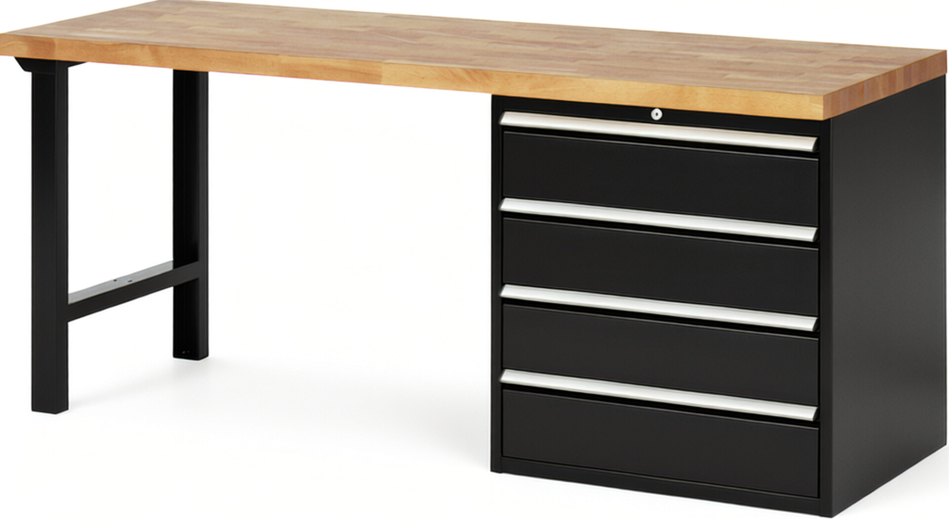 Werkbank Modell 7609 schwarz, BxTxH 2000x700x890 mm,  Buche-Massiv Arbeitsplatte 40 mm,  4 Schubladen mit  Vollauszug 100 % und  SoftClosing