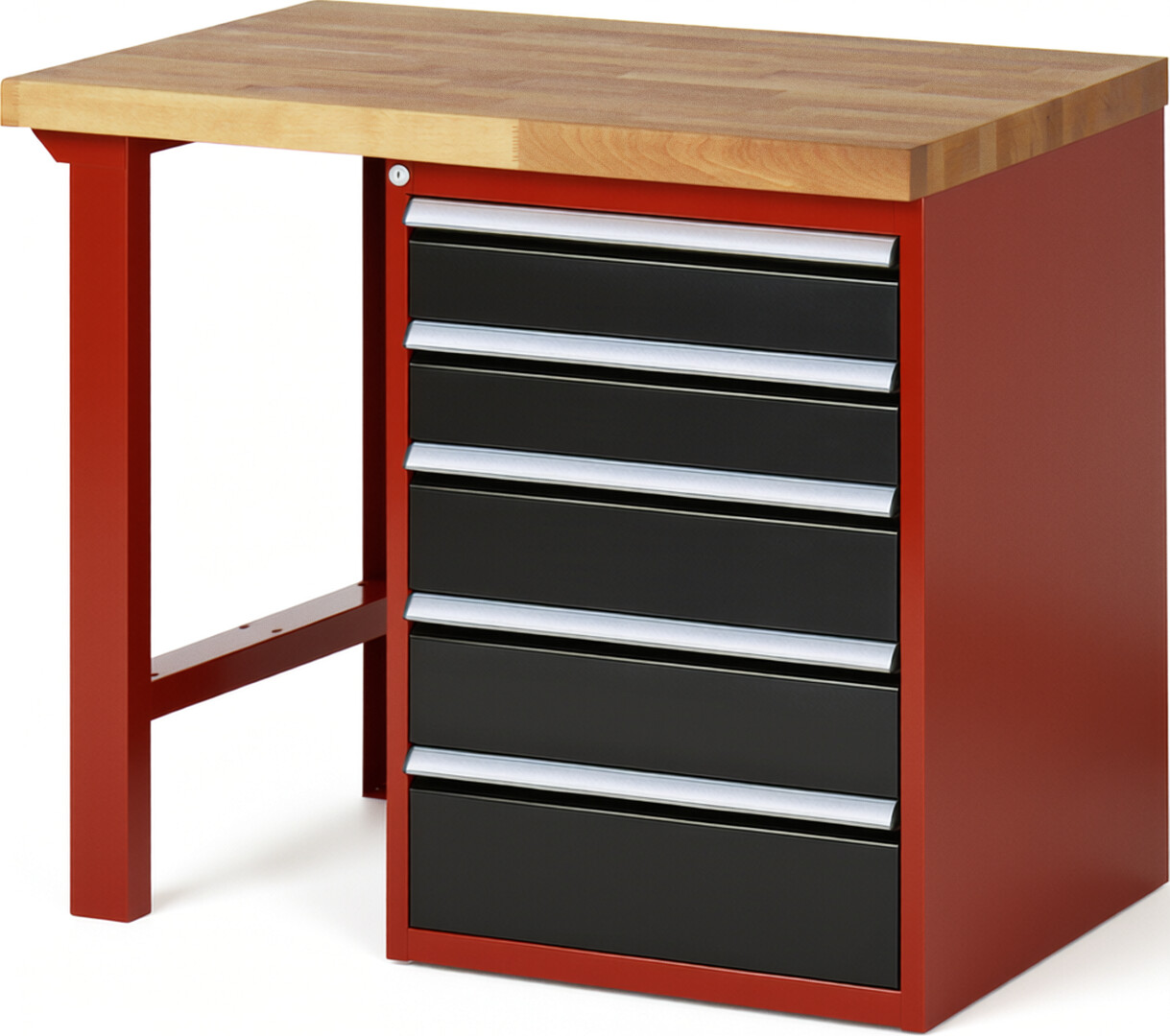 Werkbank Modell 7513 rot - schwarz, BxTxH 1000x700x840 mm,  Buche-Massiv Arbeitsplatte 40 mm,  5 Schubladen mit  Auszug 90 %
