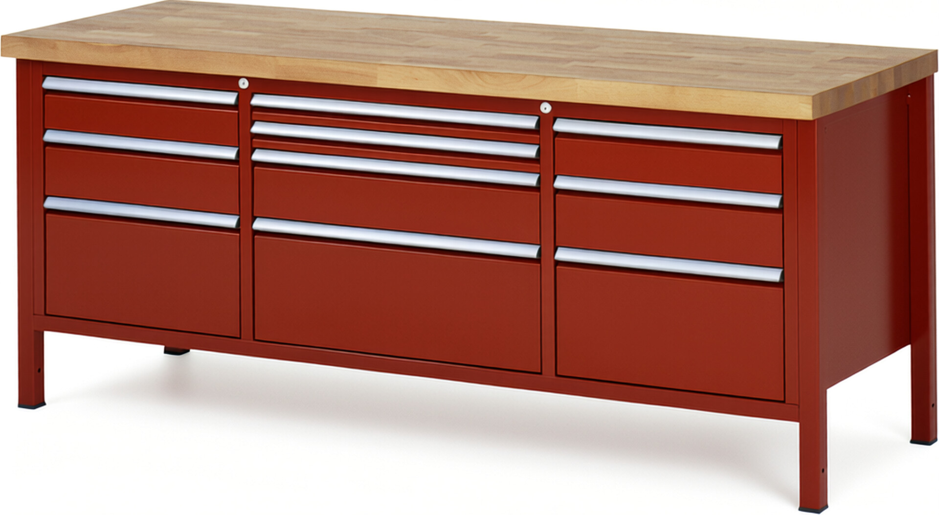 Werkbank Modell 8756 rot, BxTxH 2000x700x840-1040 mm,  Buche-Massiv Arbeitsplatte 40 mm,  10 Schubladen mit  Vollauszug 100 % und  SoftClosing