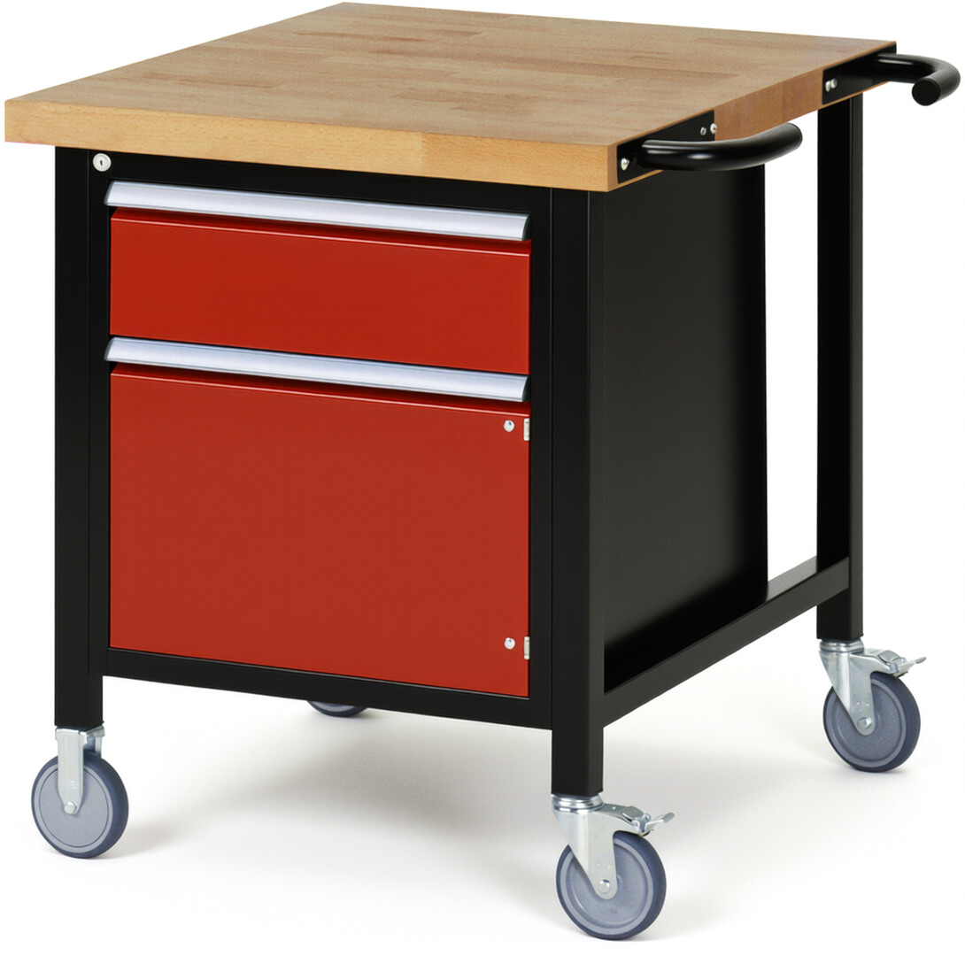 RAU Werkbank schwarz - rot - Breite 75 cm - Tiefe 90 cm - Höhe 108 cm - Buche-Massiv Arbeitsplatte 40 mm