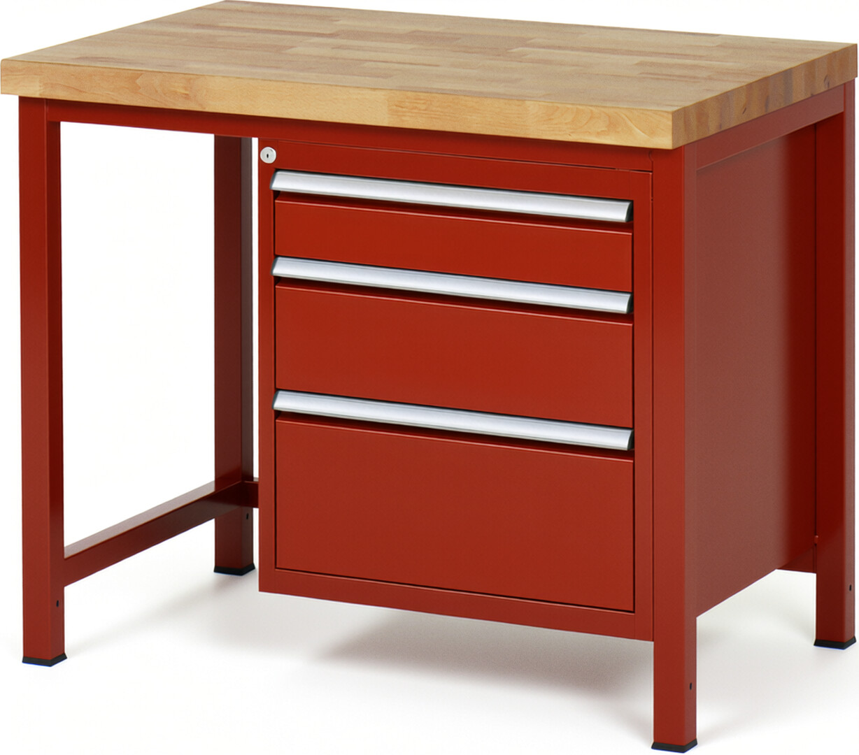 Werkbank Modell 8159 rot, BxTxH 1000x700x840-1040 mm,  Buche-Massiv Arbeitsplatte 40 mm,  3 Schubladen mit  Auszug 90 %