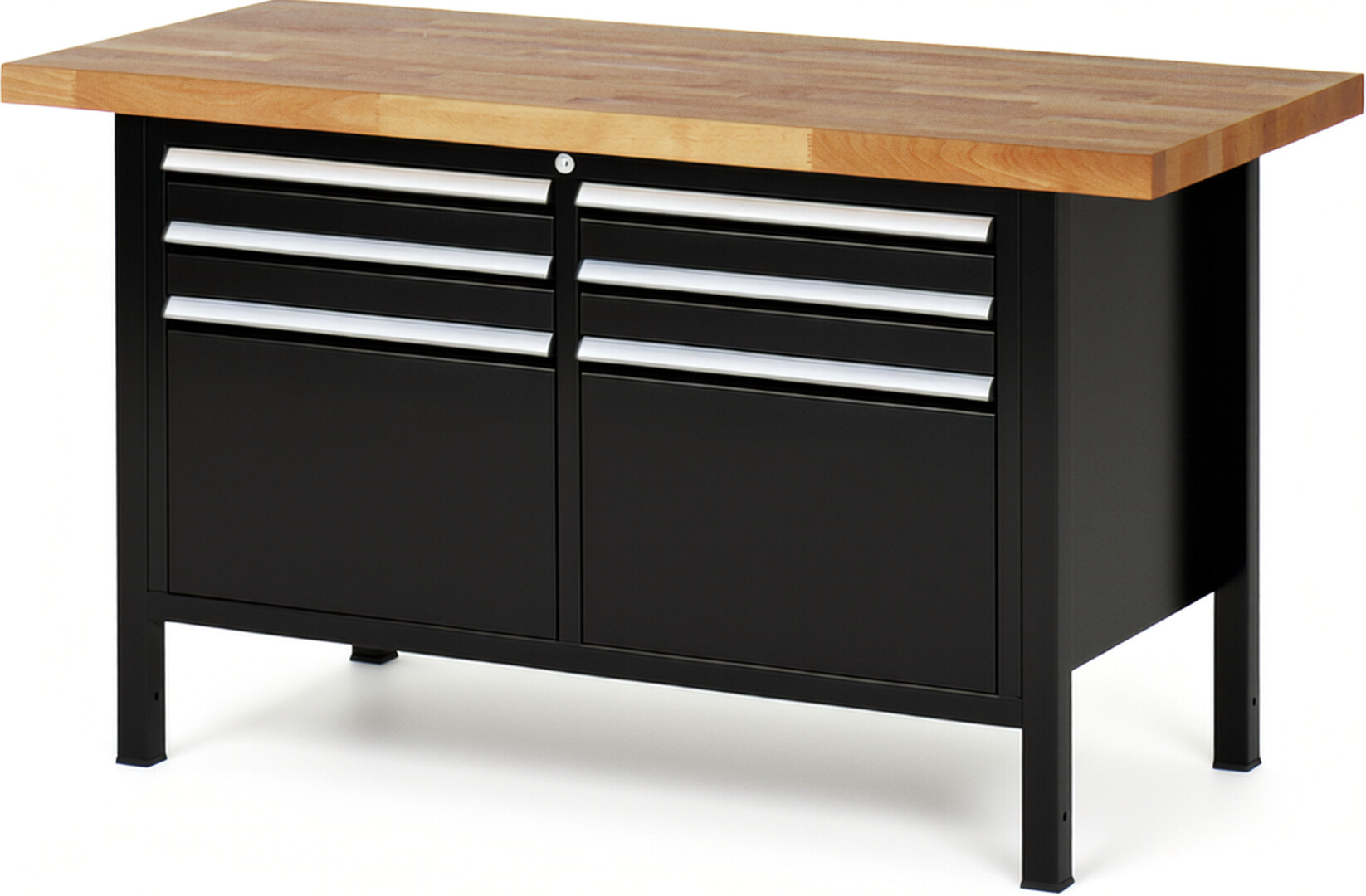 Werkbank Modell 8474 schwarz, BxTxH 1500x700x840 mm,  Buche-Massiv Arbeitsplatte 40 mm,  6 Schubladen mit  Vollauszug 100 % und  SoftClosing