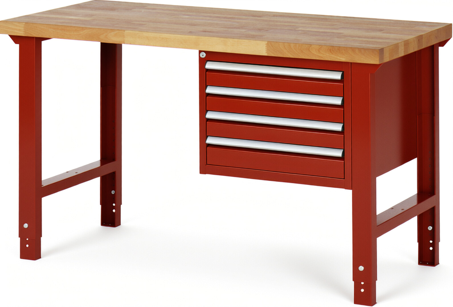 Werkbank Modell 7133 rot, BxTxH 1500x700x790-1140 mm,  Buche-Massiv Arbeitsplatte 40 mm,  4 Schubladen mit  Auszug 90 %
