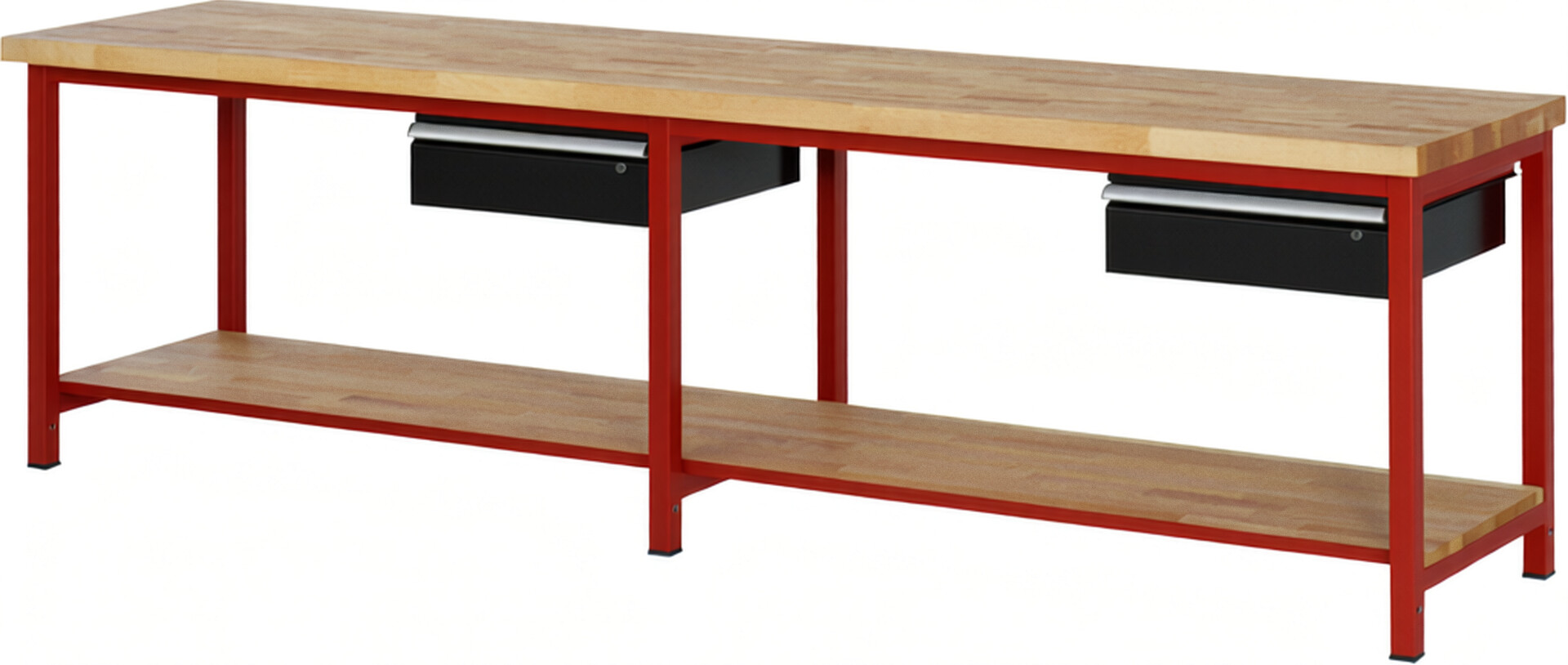 Werkbank Modell 8001 rot - schwarz, BxTxH 3000x700x840-1040 mm,  Buche-Massiv Arbeitsplatte 40 mm,  2 Schubladen mit  Auszug 90 %
