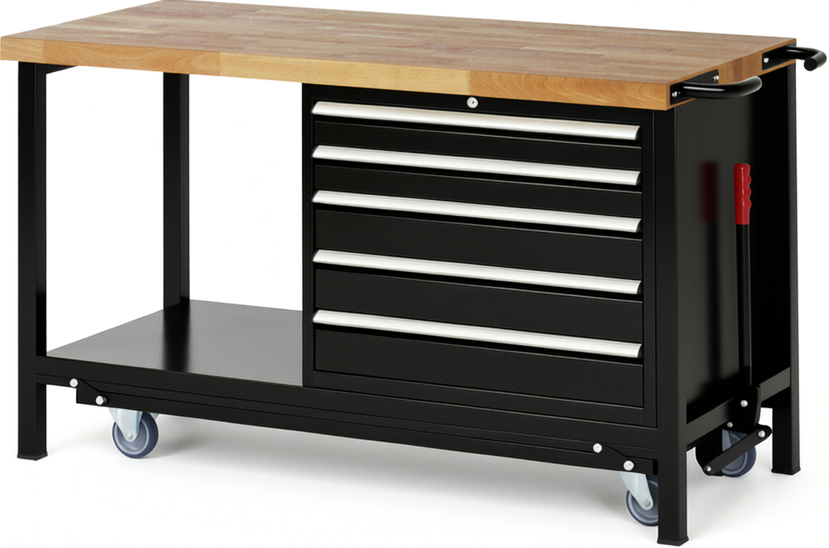 Absenkbare Werkbank Modell 8271 schwarz, BxTxH 1500x700x880 mm,  Buche-Massiv Arbeitsplatte 40 mm,  5 Schubladen mit  Auszug 90 %