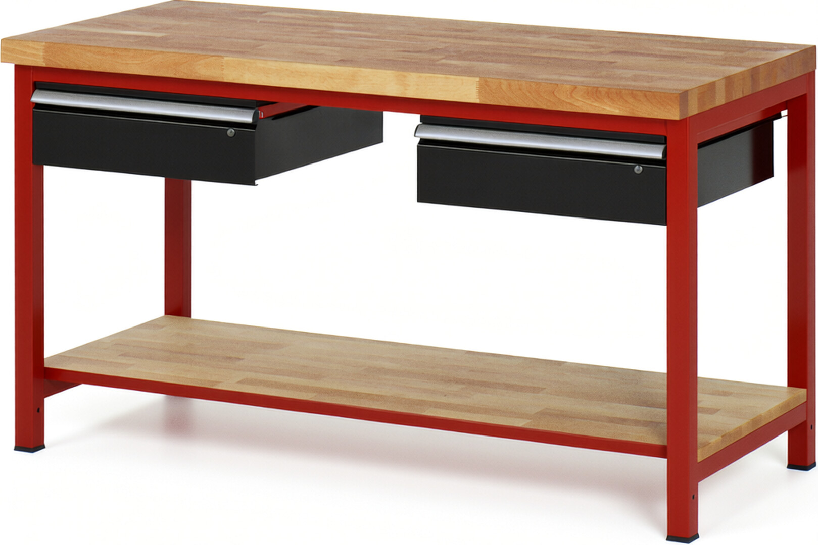 Werkbank Modell 8002 rot - schwarz, BxTxH 1500x700x840-1040 mm,  Buche-Massiv Arbeitsplatte 40 mm,  2 Schubladen mit  Auszug 90 %
