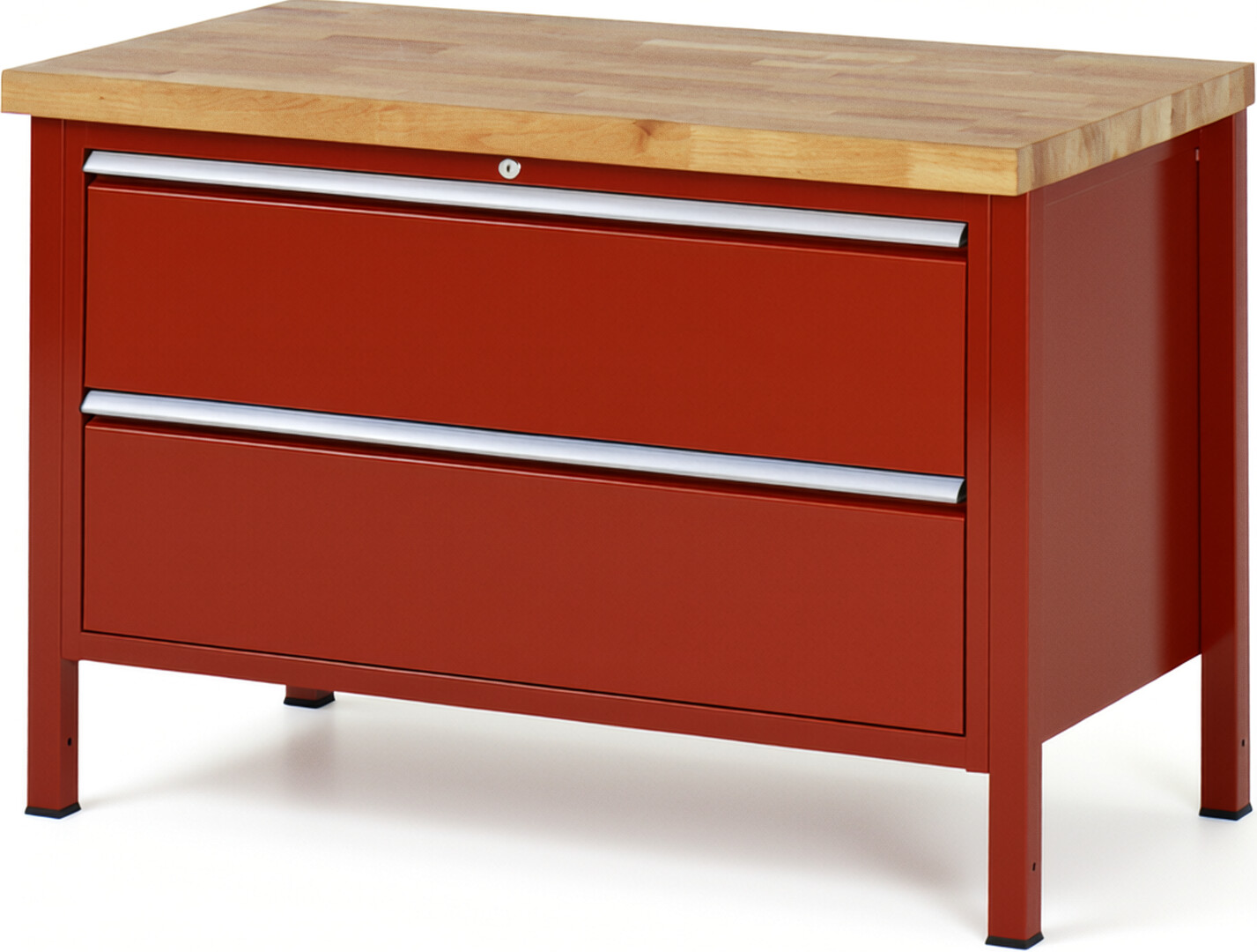 Werkbank Modell 8355 rot, BxTxH 1250x700x840 mm,  Buche-Massiv Arbeitsplatte 40 mm,  2 Schubladen mit  Auszug 90 %