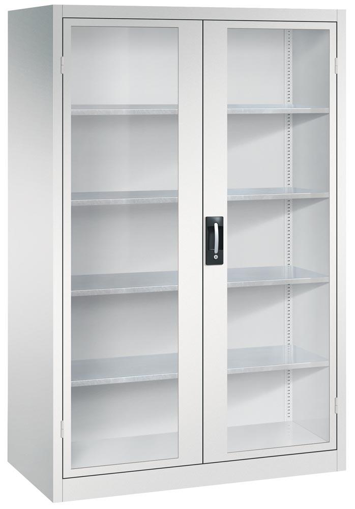 C+P Großraum Werkzeugschrank, Materiallager, Stahlschrank mit Sichtfenstertüren, 4 Fachböden, Farbe lichtgrau, 1.950 x 1.200 x 600 (HxBxT)