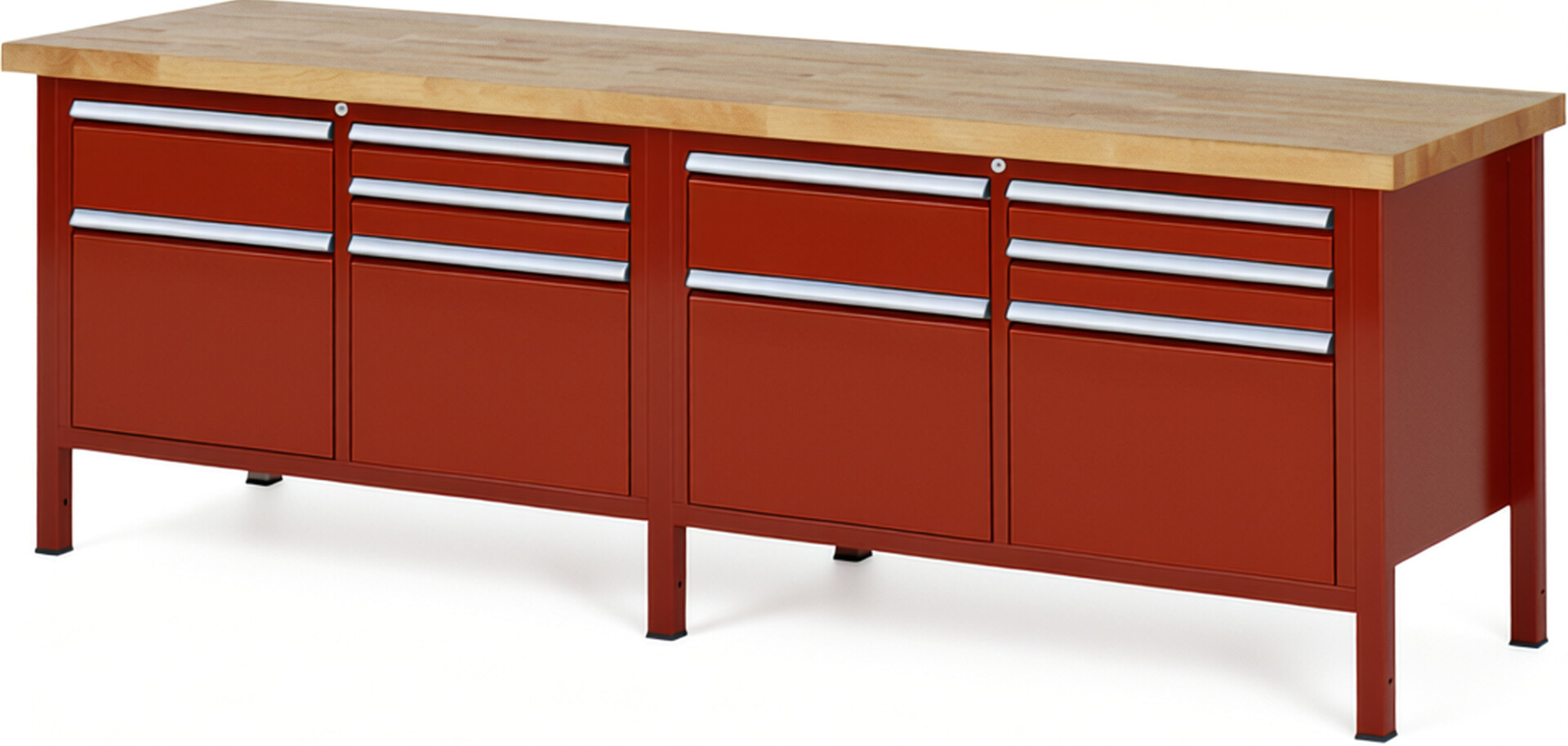 Werkbank Modell 8472 rot, BxTxH 2500x700x840 mm,  Buche-Massiv Arbeitsplatte 40 mm,  10 Schubladen mit  Vollauszug 100 % und  SoftClosing