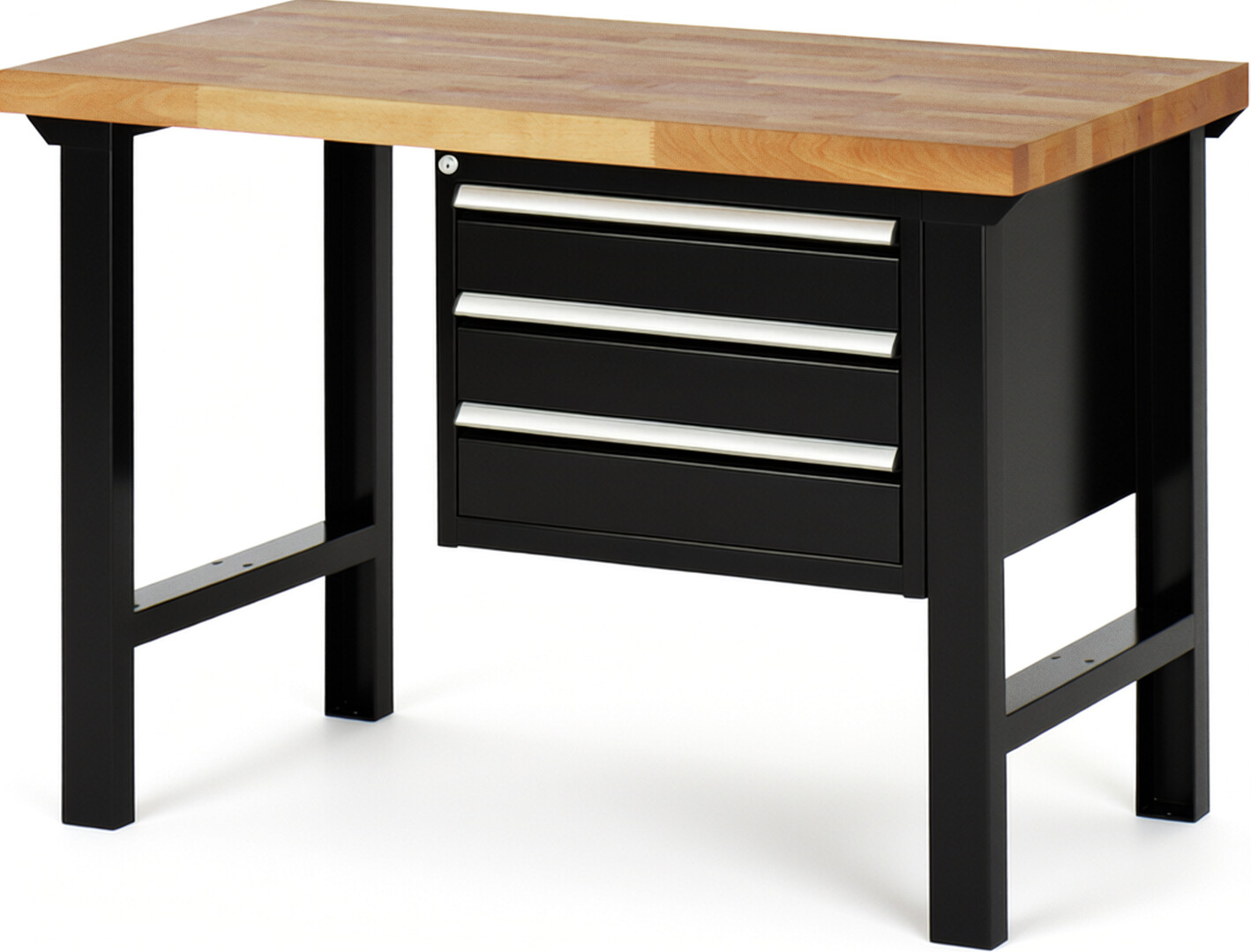 Werkbank Modell 7127 schwarz, BxTxH 1250x700x840 mm,  Buche-Massiv Arbeitsplatte 40 mm,  3 Schubladen mit  Auszug 90 %