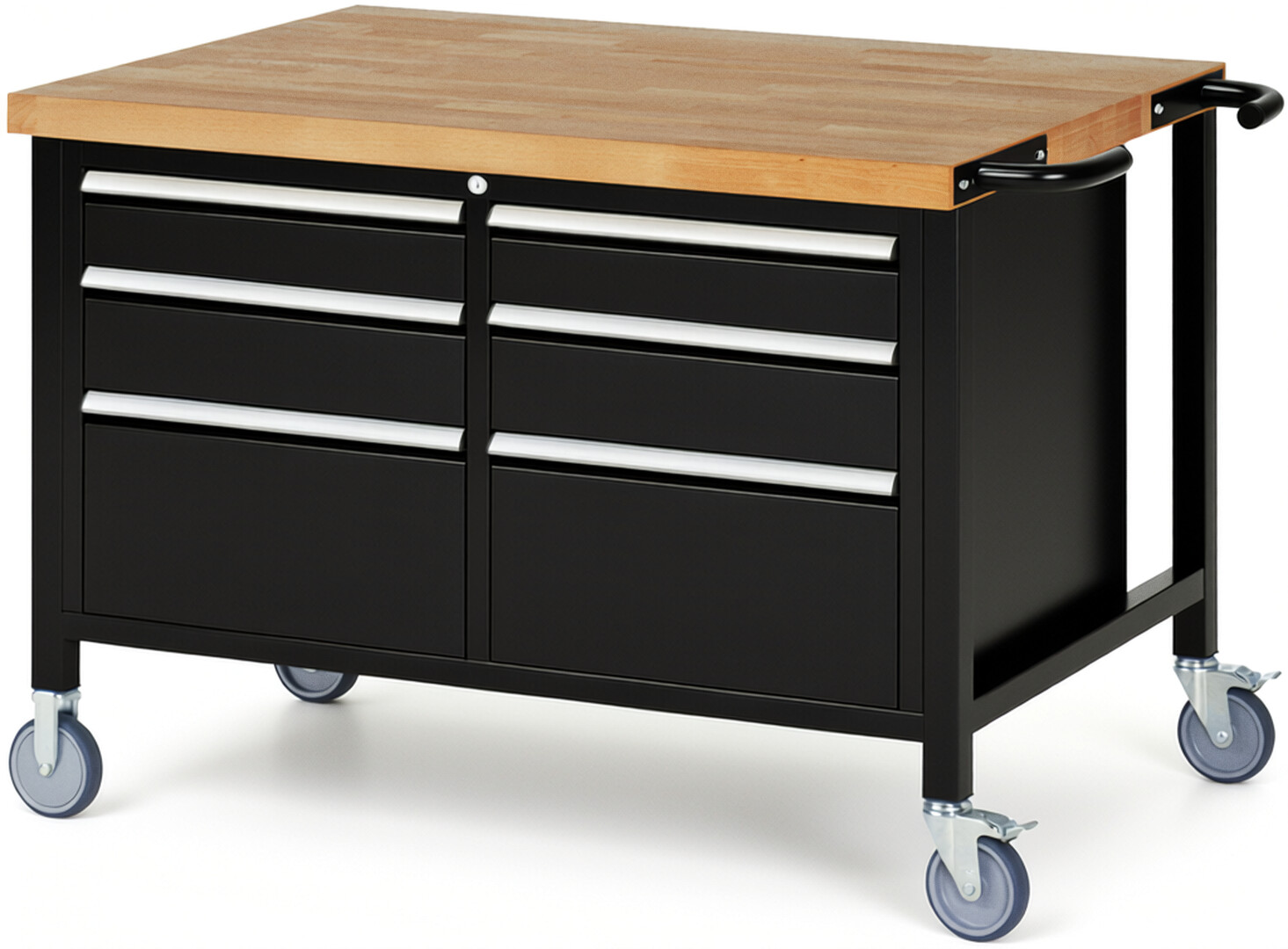 Fahrbare Werkbank Modell 8475 schwarz, BxTxH 1250x900x880 mm,  Buche-Massiv Arbeitsplatte 40 mm,  6 Schubladen mit  Auszug 90 %