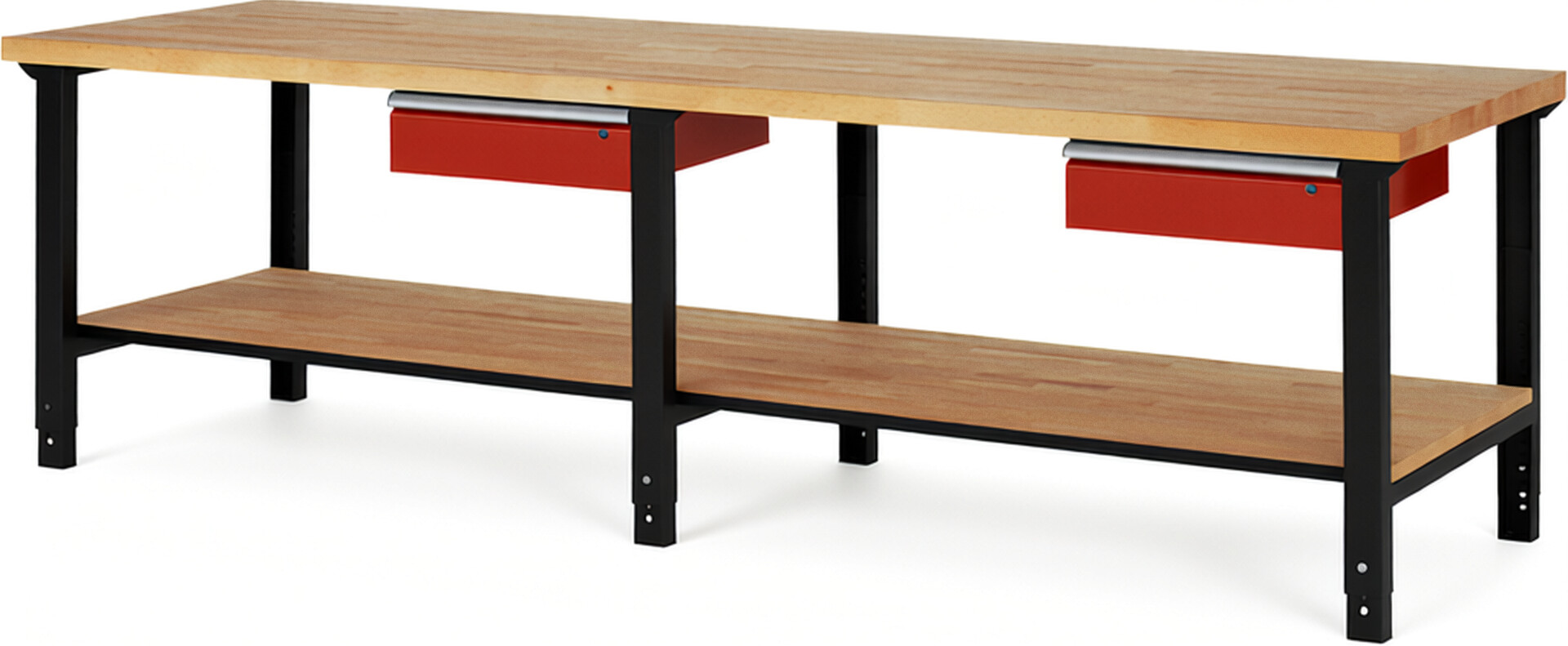 RAU Werkbank schwarz - rot - Breite 300 cm - Tiefe 90 cm - Höhe 114 cm - Buche-Massiv Arbeitsplatte 40 mm