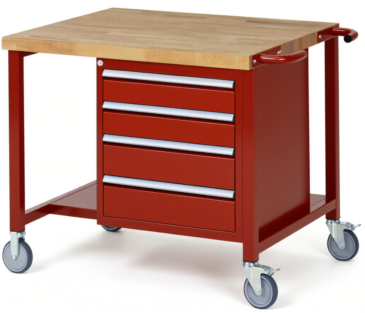 Fahrbare Werkbank Modell 8162 rot, BxTxH 1000x900x880-1080 mm,  Buche-Massiv Arbeitsplatte 40 mm,  4 Schubladen mit  Auszug 90 %