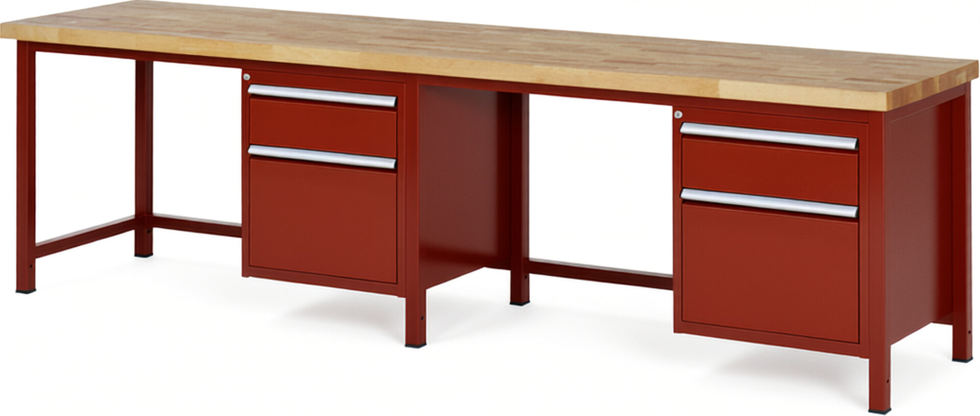Werkbank Modell 8156 rot, BxTxH 3000x700x840 mm,  Buche-Massiv Arbeitsplatte 40 mm,  4 Schubladen mit  Vollauszug 100 % und  SoftClosing