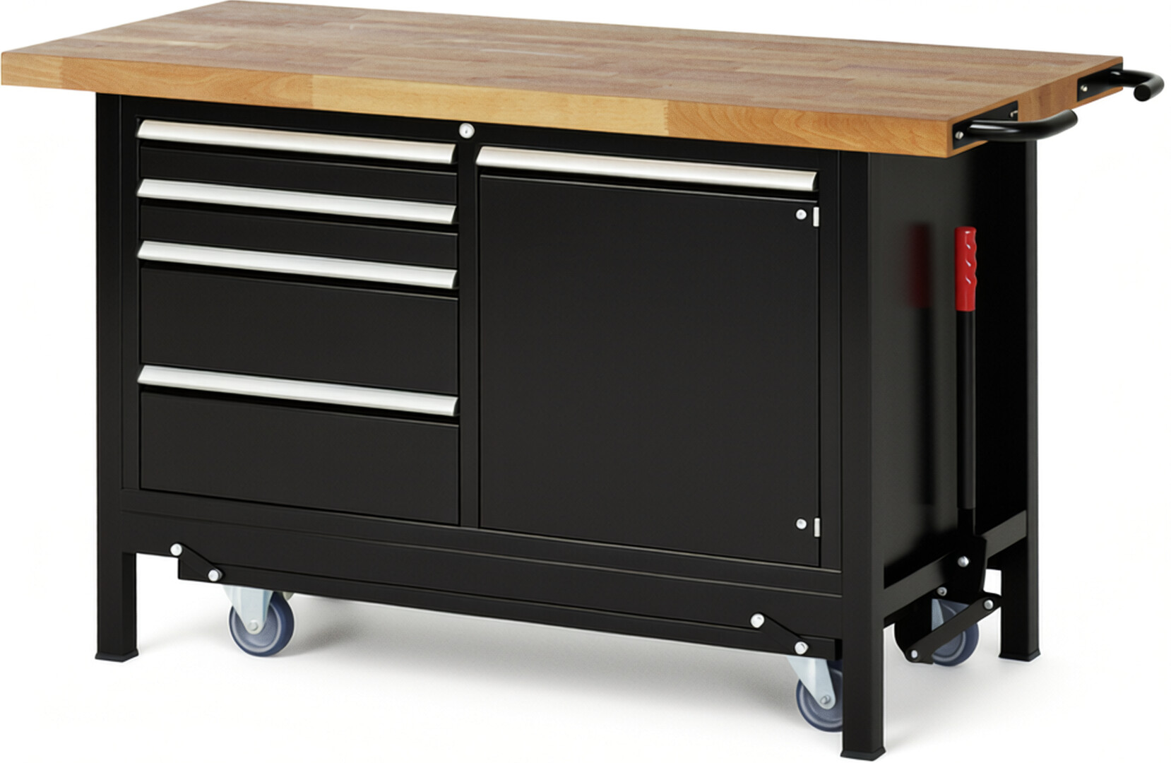Absenkbare Werkbank Modell 8470 schwarz, BxTxH 1500x700x880 mm,  Buche-Massiv Arbeitsplatte 40 mm,  4 Schubladen mit  Vollauszug 100 % und  SoftClosing