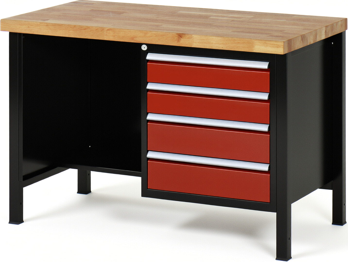 RAU Werkbank schwarz - rot - Breite 125 cm - Tiefe 70 cm - Höhe 104 cm - Buche-Massiv Arbeitsplatte 40 mm