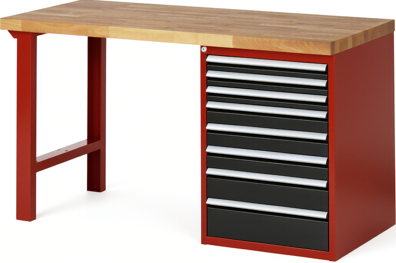 Werkbank Modell 7519 rot - schwarz, BxTxH 1500x700x890 mm,  Buche-Massiv Arbeitsplatte 40 mm,  8 Schubladen mit  Vollauszug 100 % und  SoftClosing