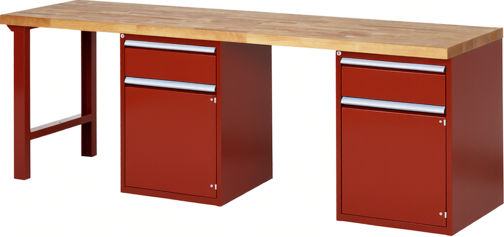 Werkbank Modell 7502 rot, BxTxH 2500x700x890 mm,  Buche-Massiv Arbeitsplatte 40 mm,  2 Schubladen mit  Auszug 90 %