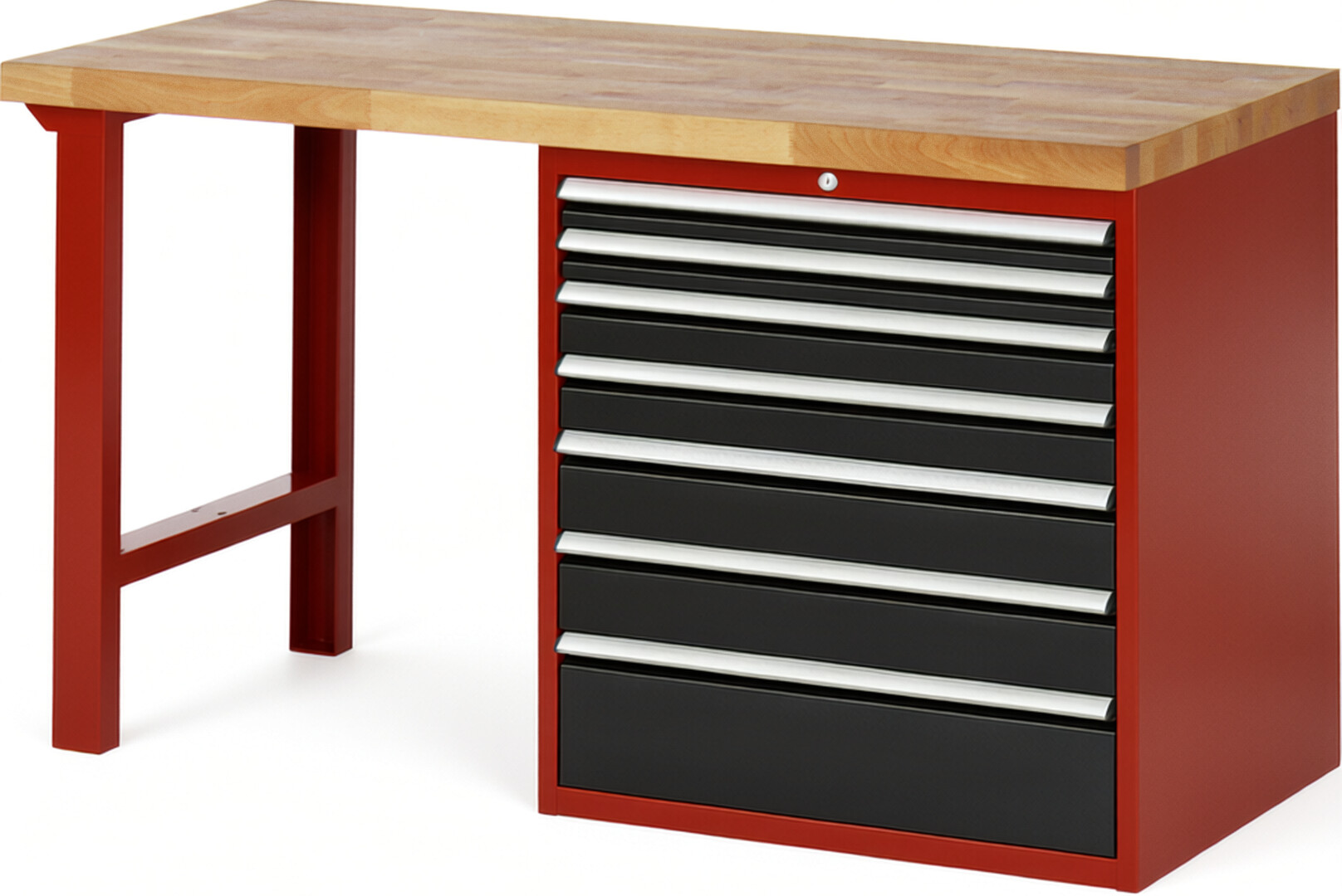 Werkbank Modell 7617 rot - schwarz, BxTxH 1500x700x840 mm,  Buche-Massiv Arbeitsplatte 40 mm,  7 Schubladen mit  Vollauszug 100 % und  SoftClosing