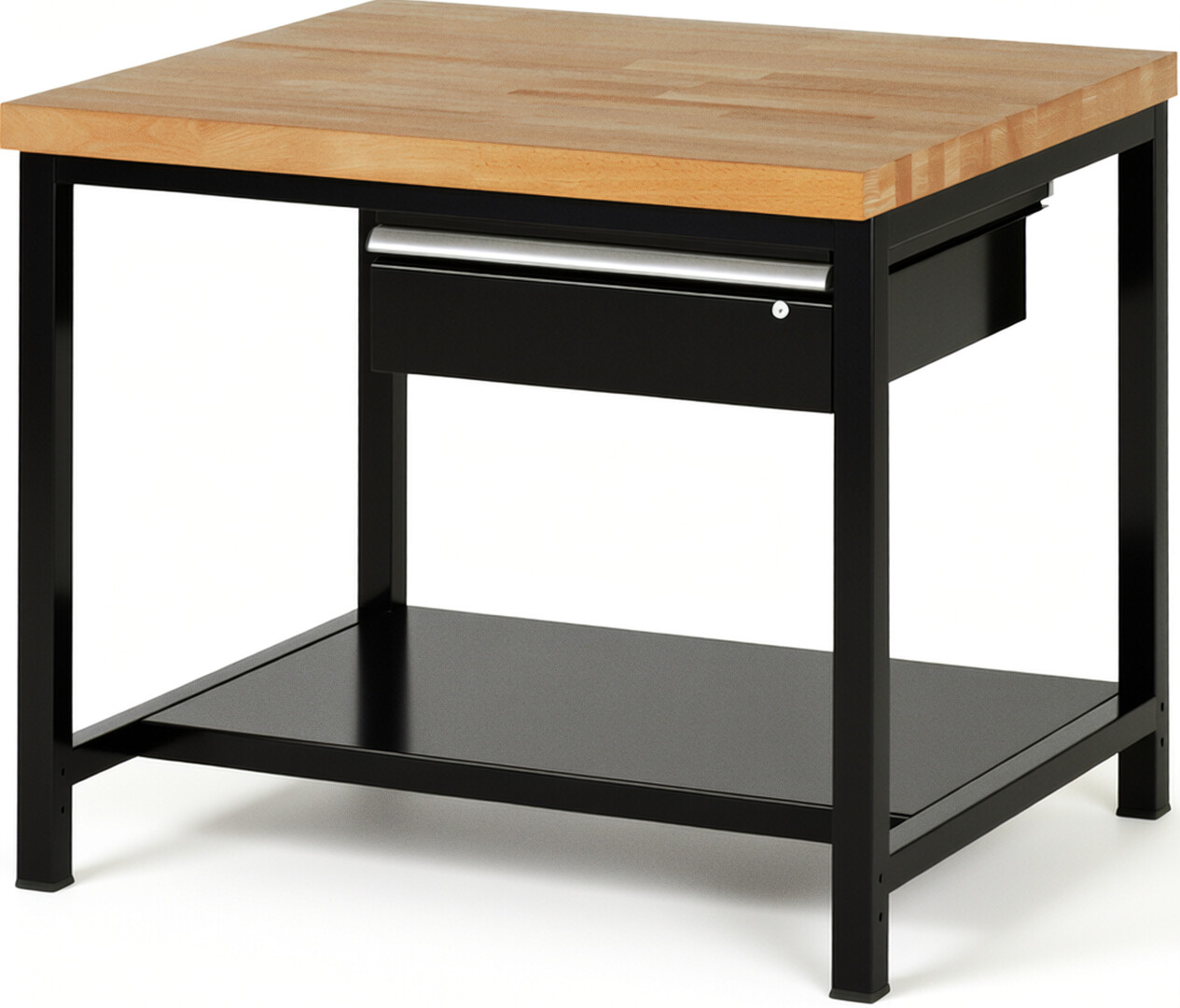 Werkbank Modell 8001 schwarz, BxTxH 1000x900x840 mm,  Buche-Massiv Arbeitsplatte 40 mm,  1 Schublade mit  Auszug 90 %