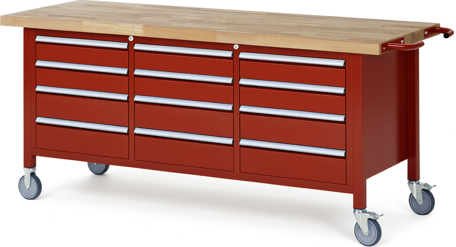Fahrbare Werkbank Modell 8579 rot, BxTxH 2000x700x880 mm,  Buche-Massiv Arbeitsplatte 40 mm,  12 Schubladen mit  Auszug 90 %