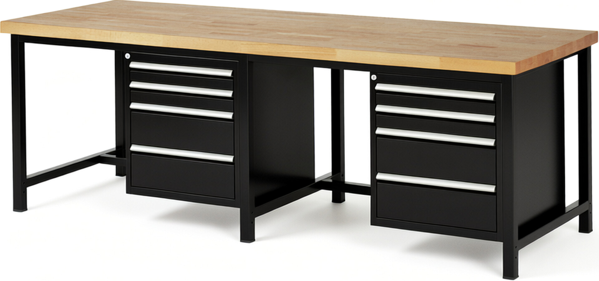 Werkbank Modell 8161 schwarz, BxTxH 2500x900x840-1040 mm,  Buche-Massiv Arbeitsplatte 40 mm,  8 Schubladen mit  Vollauszug 100 % und  SoftClosing