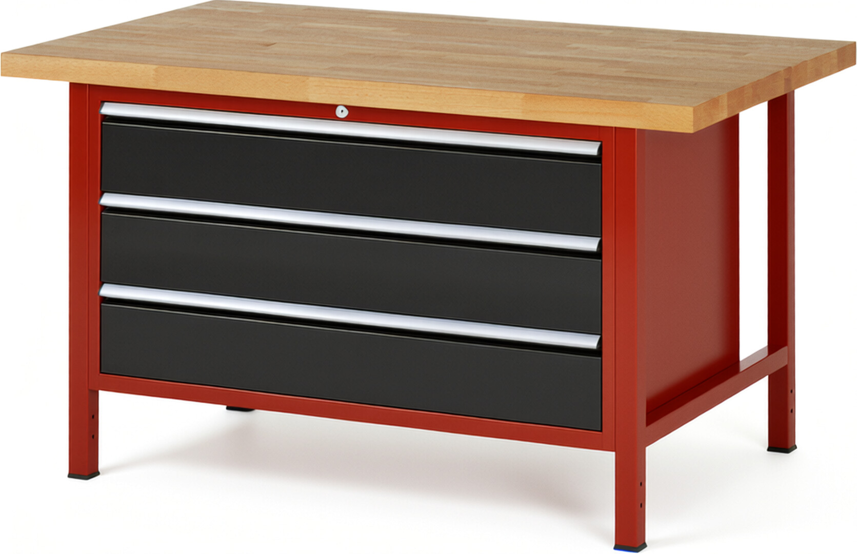 Werkbank Modell 8357 rot - schwarz, BxTxH 1500x900x840 mm,  Buche-Massiv Arbeitsplatte 40 mm,  3 Schubladen mit  Auszug 90 %