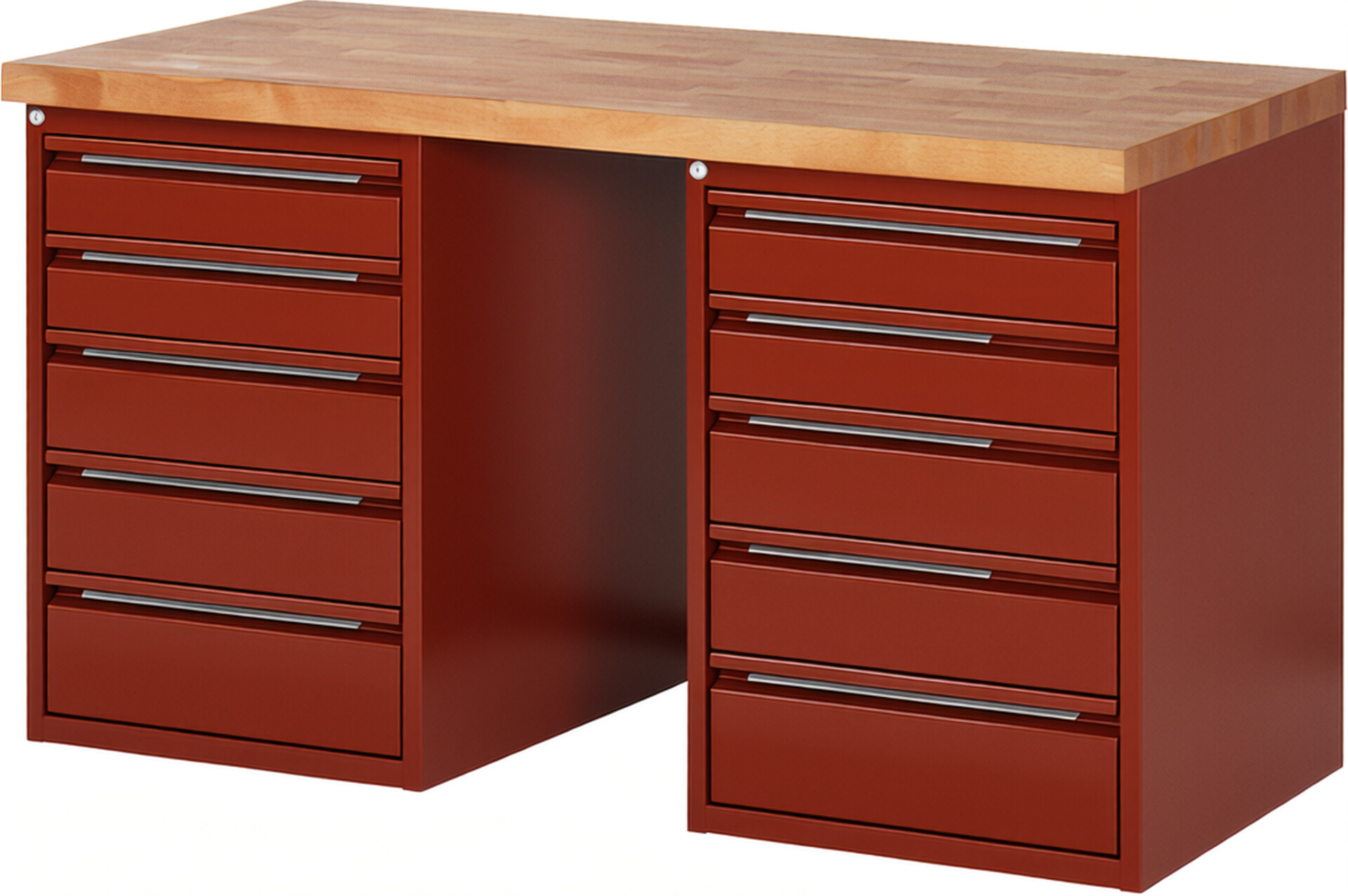 Werkbank - Modell 7513 BASIC rot, BxTxH 1500x700x840 mm,  Buche-Massiv Arbeitsplatte 40 mm,  10 Schubladen mit  Auszug 90 %