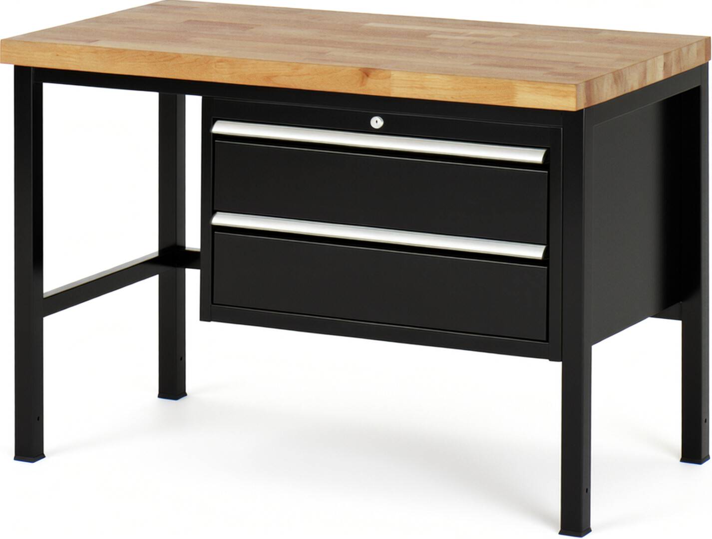 Werkbank Modell 8225 schwarz, BxTxH 1250x700x840 mm,  Buche-Massiv Arbeitsplatte 40 mm,  2 Schubladen mit  Vollauszug 100 % und  SoftClosing