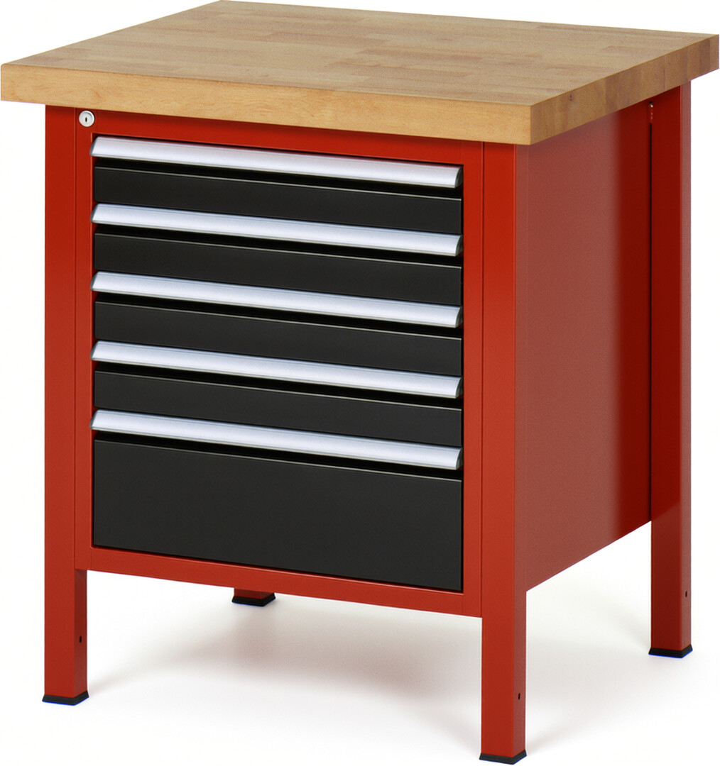 Werkbank Modell 8168 rot - schwarz, BxTxH 750x700x840 mm,  Buche-Massiv Arbeitsplatte 40 mm,  5 Schubladen mit  Vollauszug 100 % und  SoftClosing