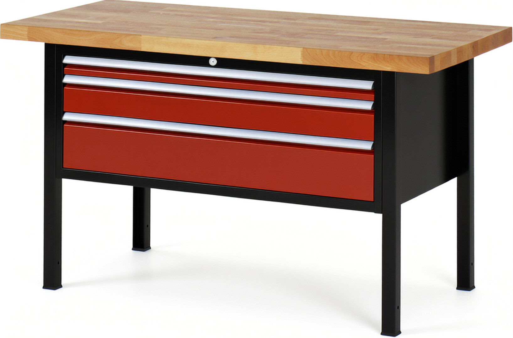 RAU Werkbank schwarz - rot - Breite 150 cm - Tiefe 70 cm - Höhe 104 cm - Buche-Massiv Arbeitsplatte 40 mm