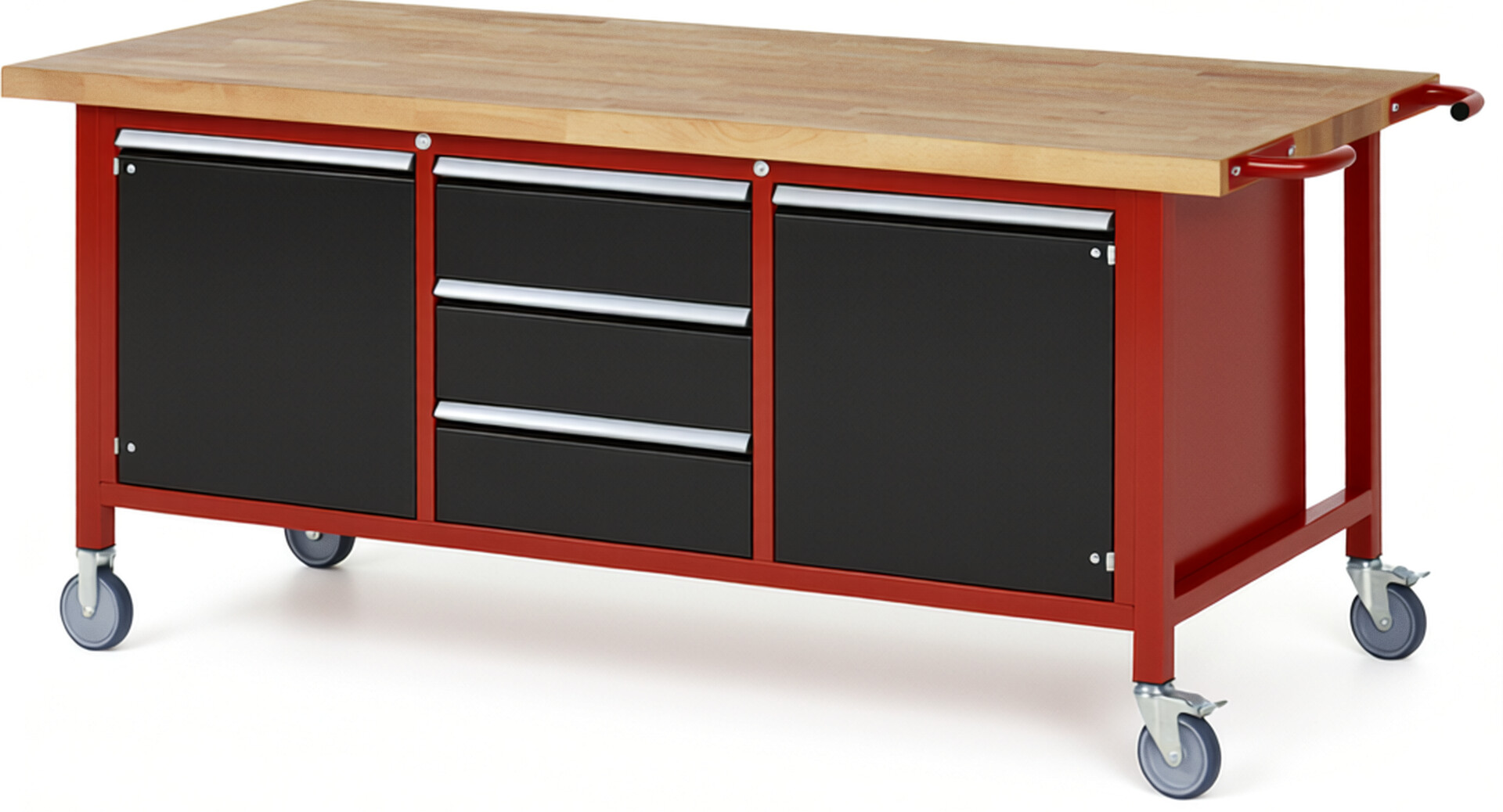 Fahrbare Werkbank Modell 8569 rot - schwarz, BxTxH 2000x900x880 mm,  Buche-Massiv Arbeitsplatte 40 mm,  3 Schubladen mit  Auszug 90 %